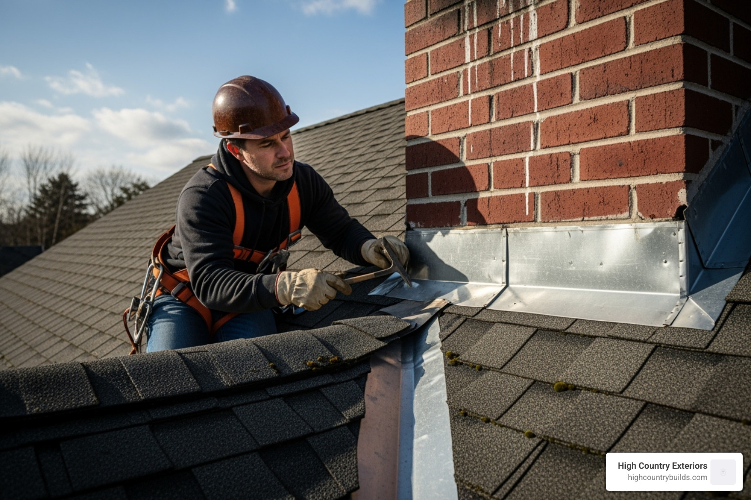 An inspector carefully examining the flashing around a chimney on a residential roof, looking for signs of wear or damage - how much are roof inspections