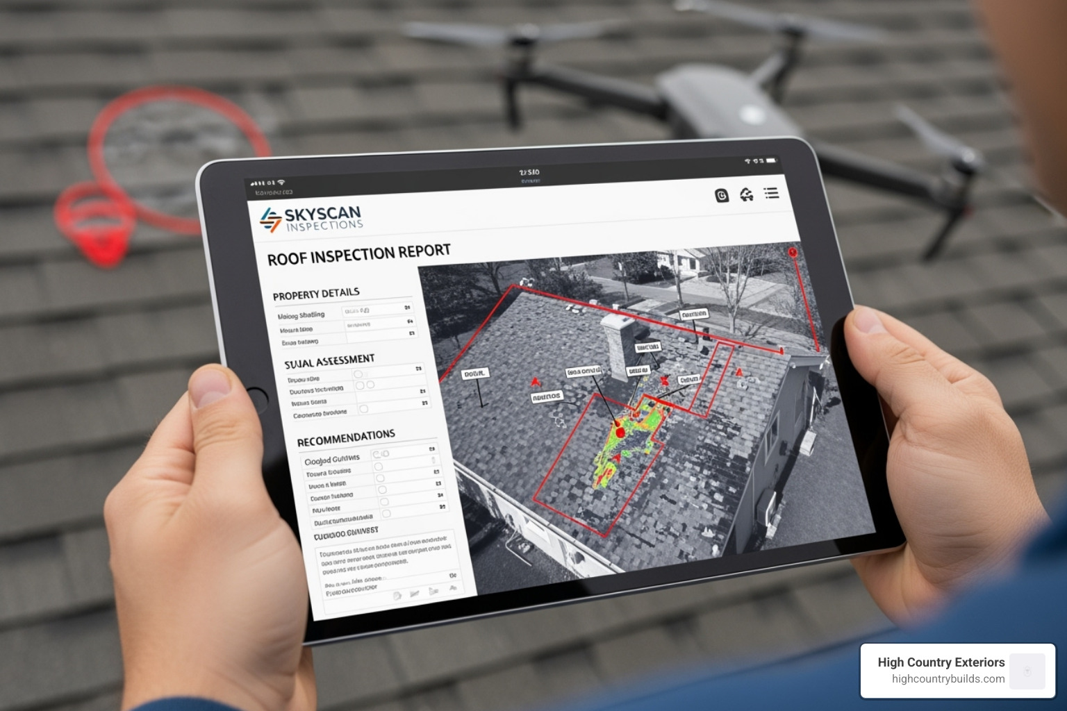 detailed drone roof inspection report on tablet - drone roof inspections near me