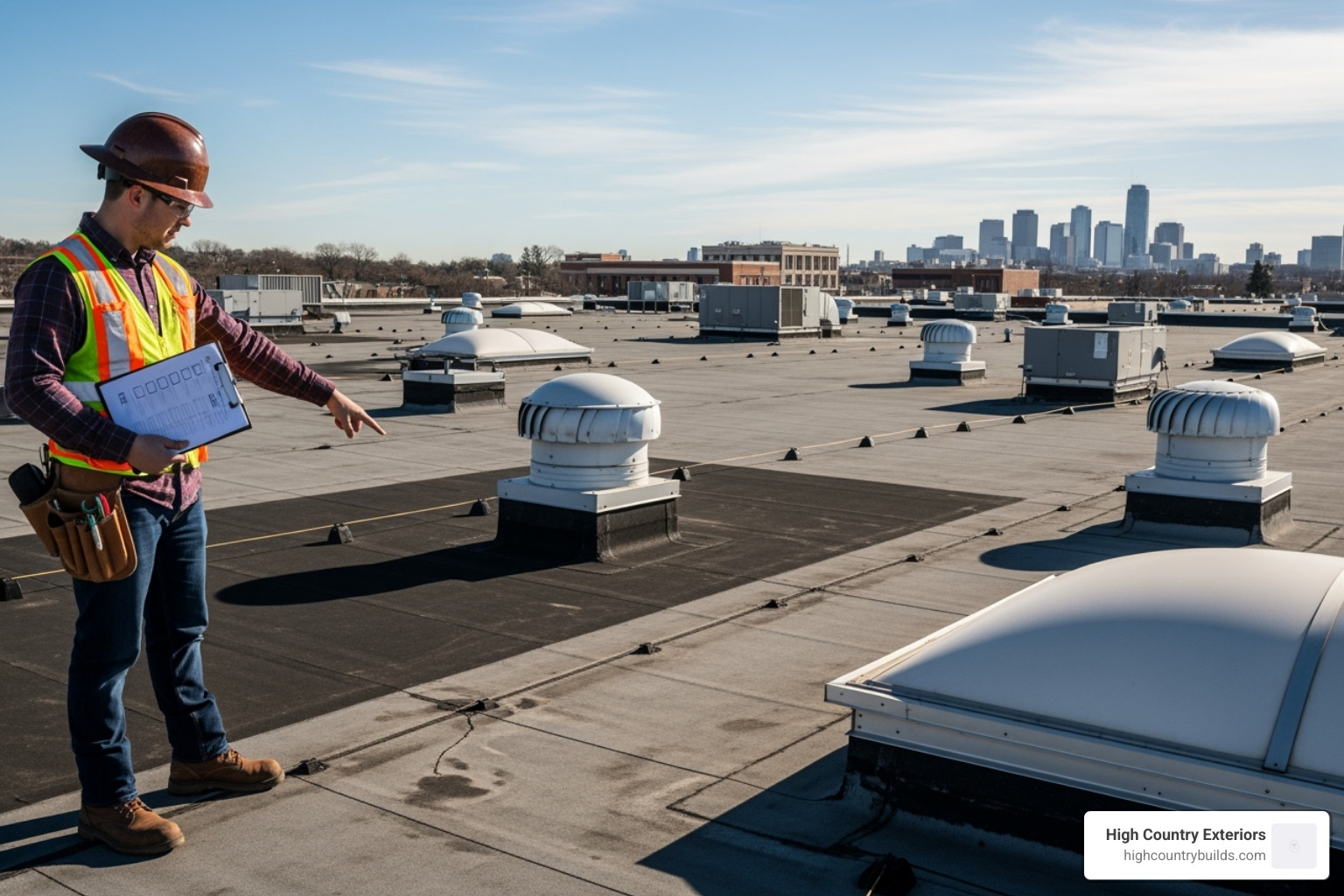 Image of a roofing professional inspecting a commercial roof with a checklist - hail damage to built up roofing Image of a roofing professional inspecting a commercial roof with a checklist - hail damage to built up roofing