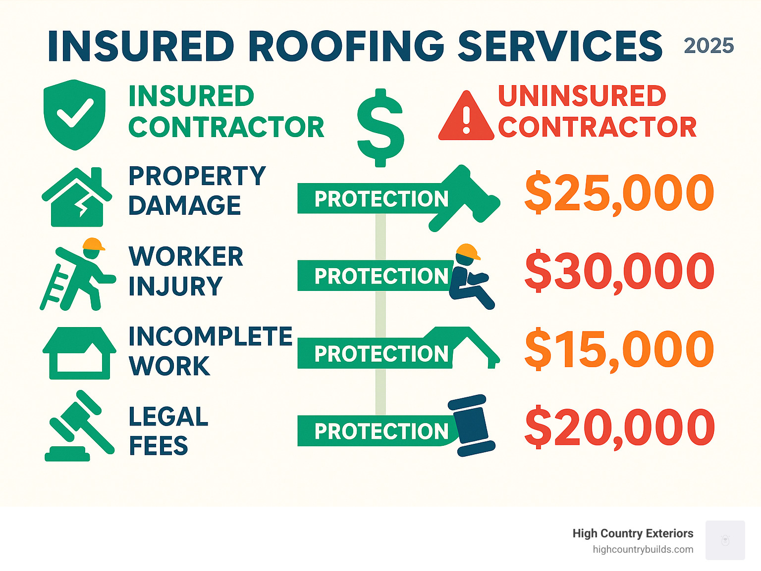 Infographic showing financial comparison between hiring insured vs uninsured roofing contractors, including potential costs for property damage, worker injuries, incomplete work, and legal fees, with insured services showing protection against all these risks - Insured roofing services infographic 