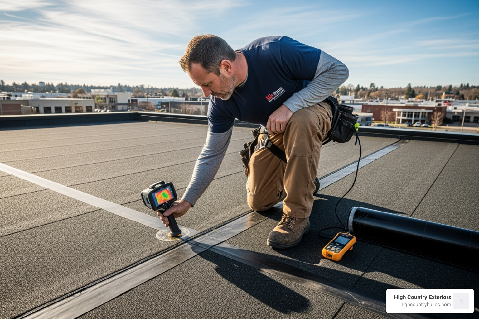 A roofer carefully inspecting a flat commercial roof with specialized equipment, highlighting the detailed nature of comprehensive roof inspections. - commercial roofing contractor services