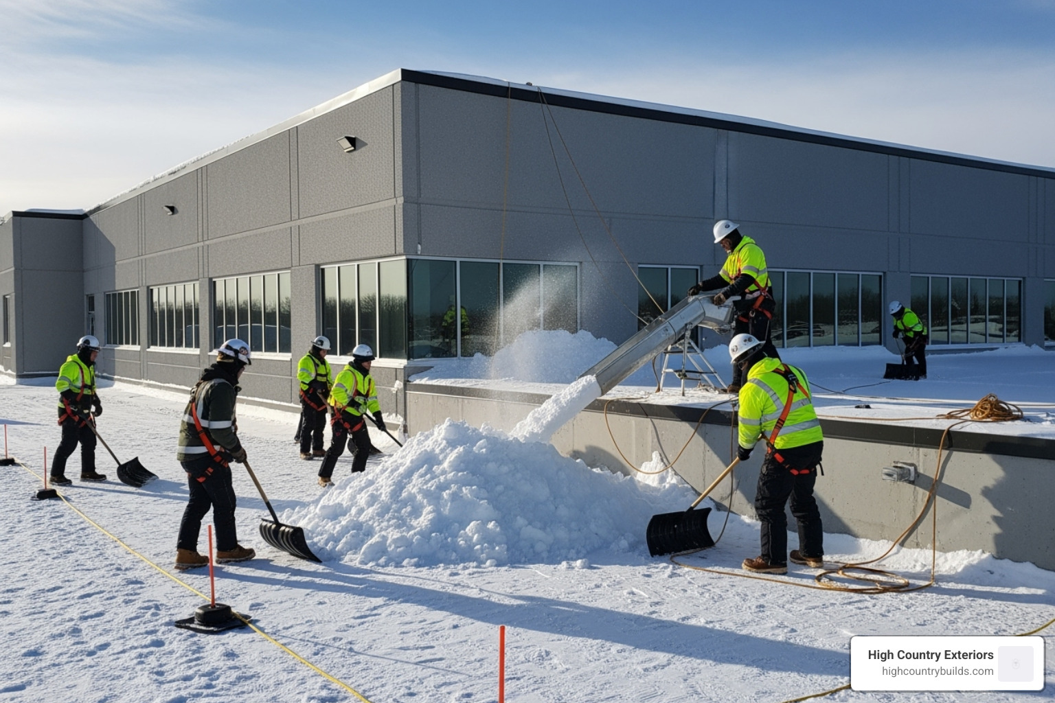 A commercial roof being safely cleared of snow by a professional roofing crew, illustrating the importance of proper snow removal techniques to prevent structural damage. - commercial roofing contractor services