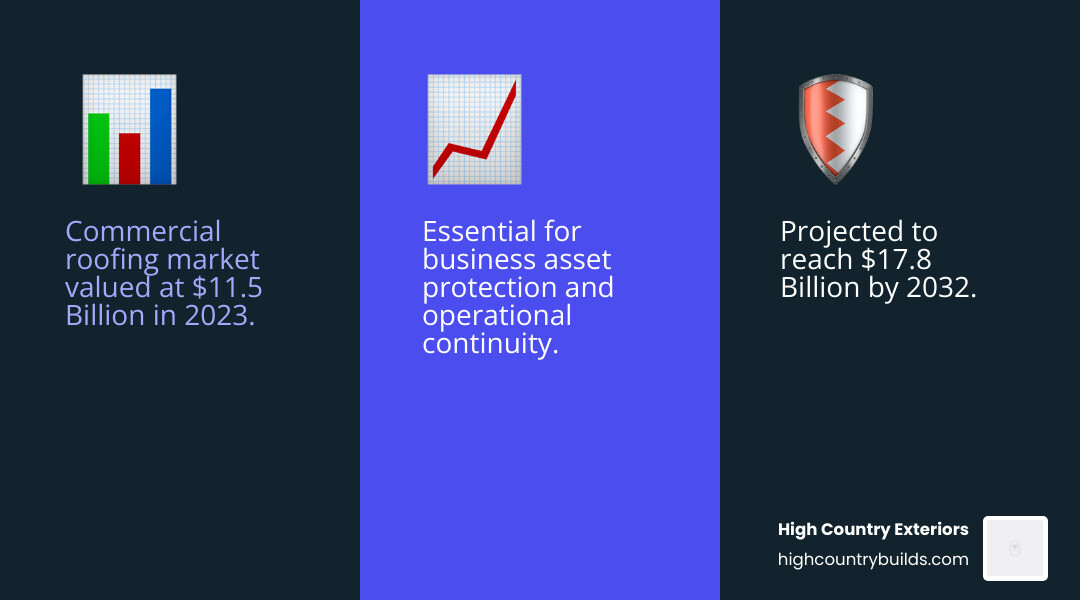 Infographic showing the essential commercial roofing contractor services including inspection, maintenance, repair, installation, storm damage assessment, coatings, safety compliance, and debris removal, with the commercial roofing market projected to grow from $11.5 billion in 2023 to $17.8 billion by 2032 - commercial roofing contractor services infographic 3_facts_emoji_blue