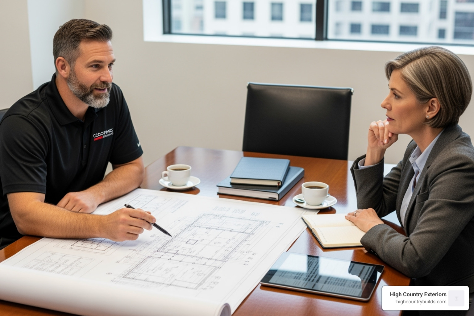 A commercial roofing contractor presenting a detailed project plan to a business owner, emphasizing transparent pricing and a clear scope of work. - commercial roofing contractor services