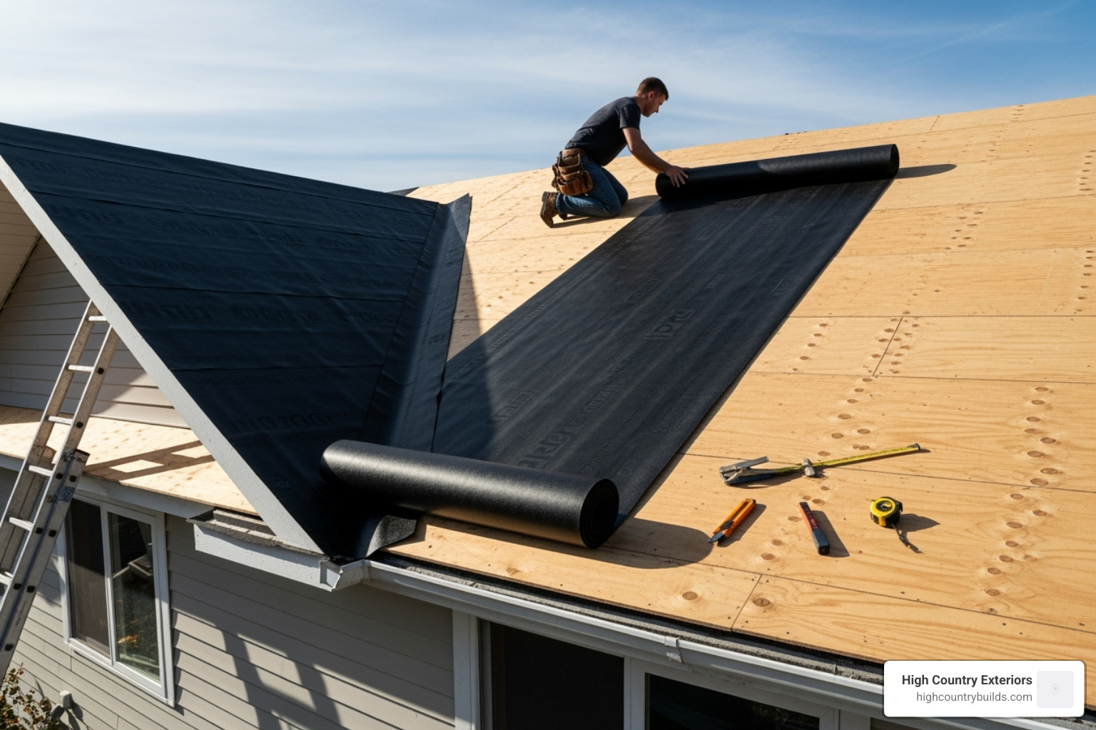 roofer installing new underlayment over clean roof decking - cost of new roof 1600 sq ft