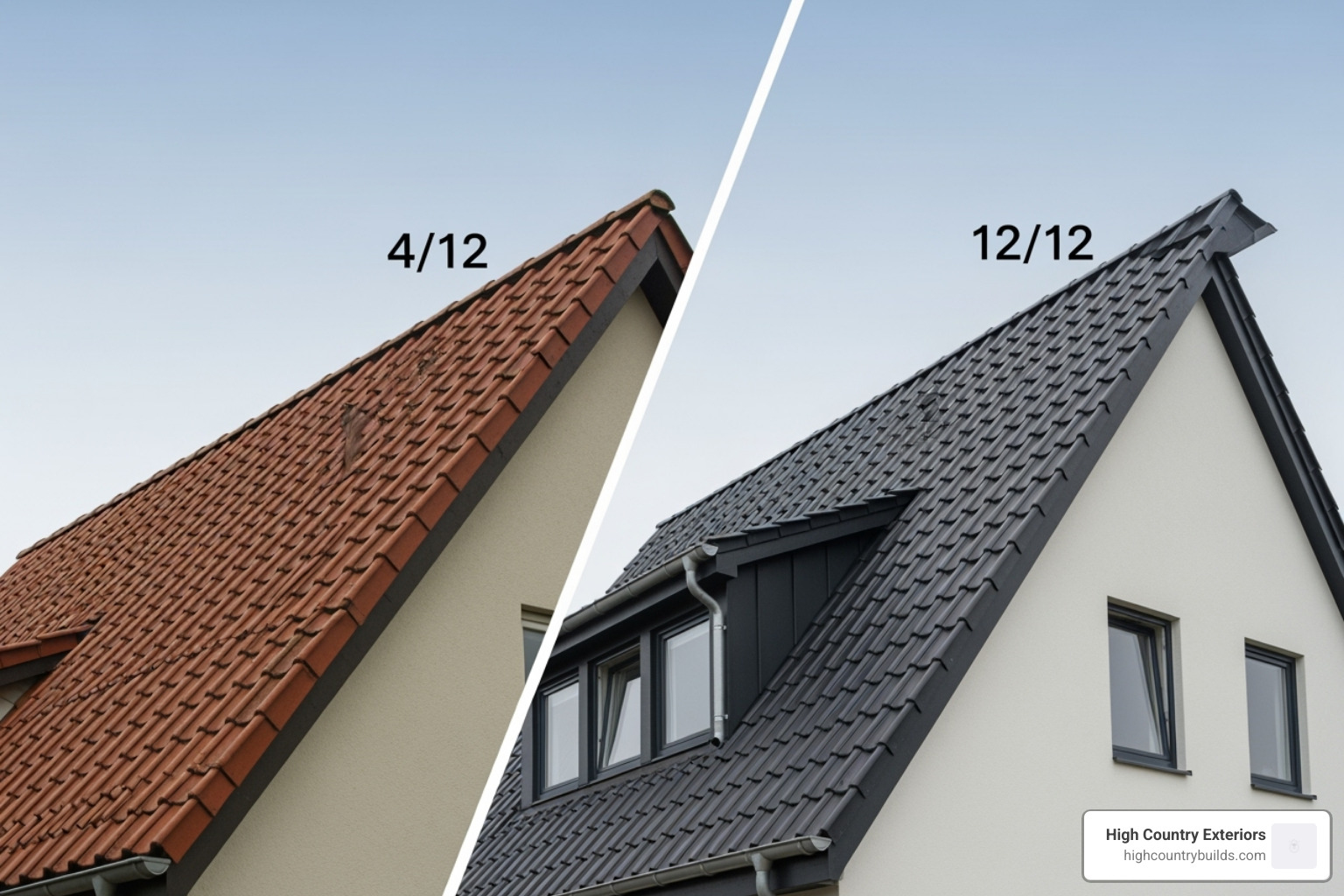 illustrating different roof pitches, such as a low 4/12 pitch versus a steep 12/12 pitch - cost of new roof 1600 sq ft