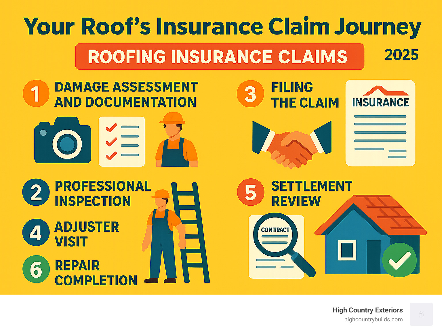 Detailed infographic showing the 6 key stages of roof insurance claims process: 1) Damage Assessment and Documentation with camera icon and checklist, 2) Professional Inspection with contractor and ladder icon, 3) Filing the Claim with insurance company logo and paperwork, 4) Adjuster Visit with handshake icon between homeowner and adjuster, 5) Settlement Review with magnifying glass over contract, 6) Repair Completion with new roof and checkmark - Roofing insurance claims infographic 