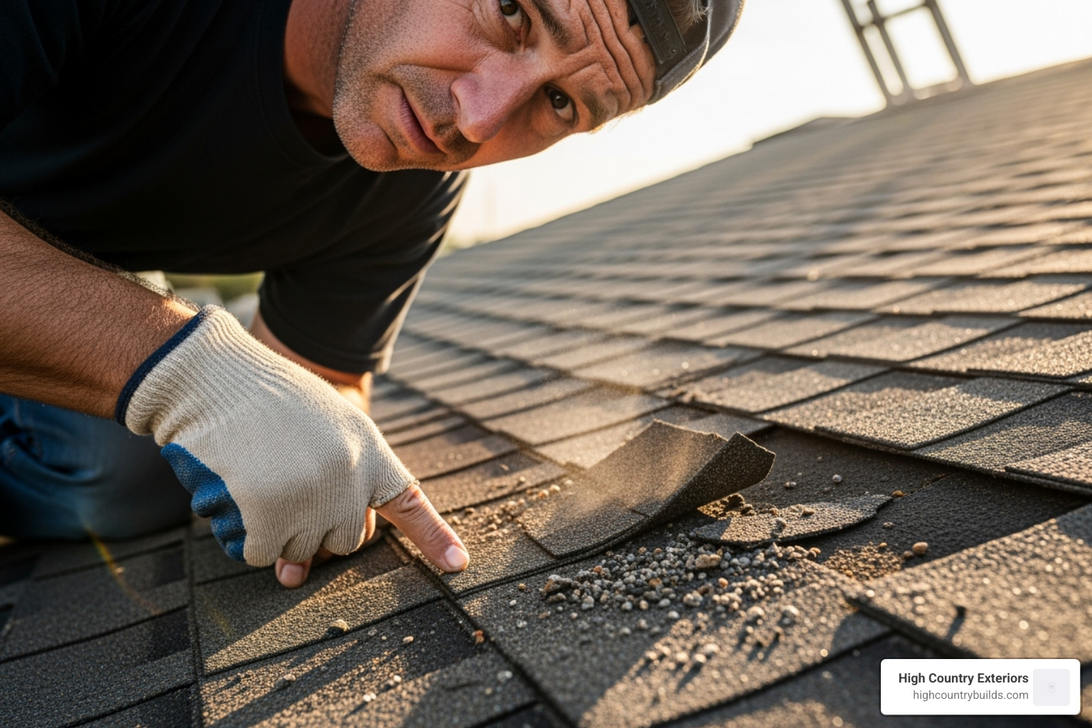 image of a roofer inspecting a damaged roof - total roof replacement cost