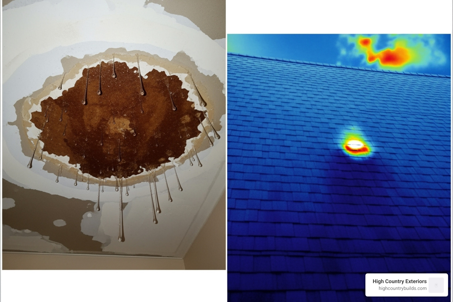 Image of a water-damaged ceiling next to a thermal image showing the roof leak source - thermal roof inspection cost Image of a water-damaged ceiling next to a thermal image showing the roof leak source - thermal roof inspection cost