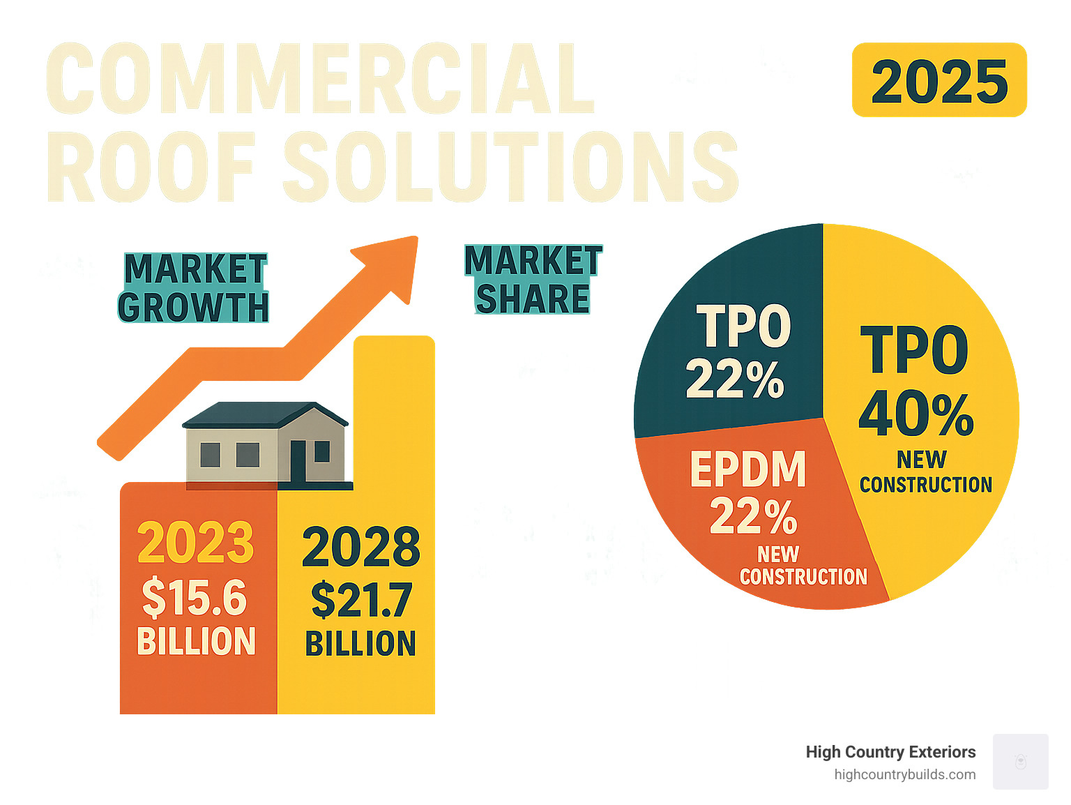 Infographic showing commercial roofing market growth from $15.6 billion in 2023 to $21.7 billion by 2028, with market share breakdown: TPO 40% new construction, EPDM 22% new construction, Modified Bitumen 12.4% new construction - Commercial roof solutions infographic 