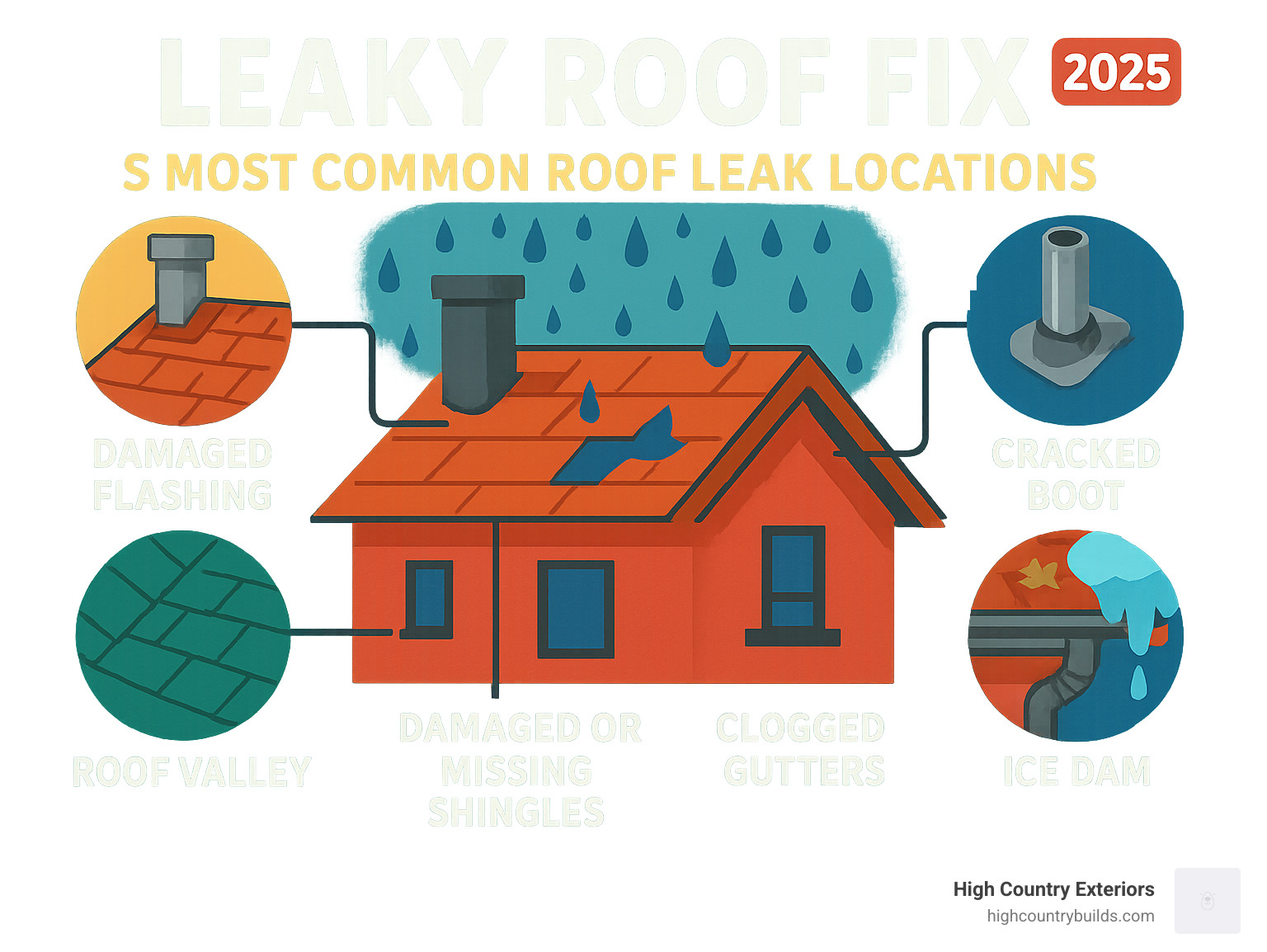 Infographic showing the 5 most common roof leak locations: around chimneys with damaged flashing, at pipe penetrations with cracked boots, in roof valleys where sections meet, near damaged or missing shingles, and around clogged gutters causing ice dams - Leaky roof fix infographic Infographic showing the 5 most common roof leak locations: around chimneys with damaged flashing, at pipe penetrations with cracked boots, in roof valleys where sections meet, near damaged or missing shingles, and around clogged gutters causing ice dams - Leaky roof fix infographic