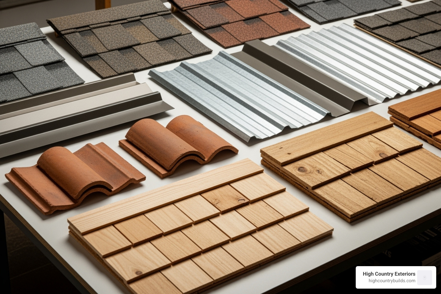 image of various roofing material samples like asphalt and metal - total roof replacement cost