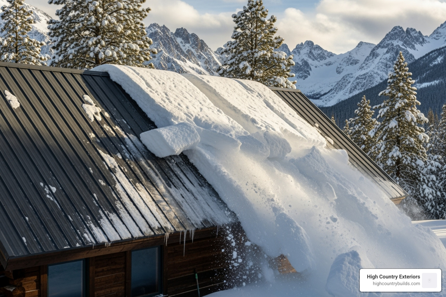 A metal roof shedding heavy snow in a mountain environment like Bozeman MT, demonstrating its ability to handle heavy loads - metal roofs for homes