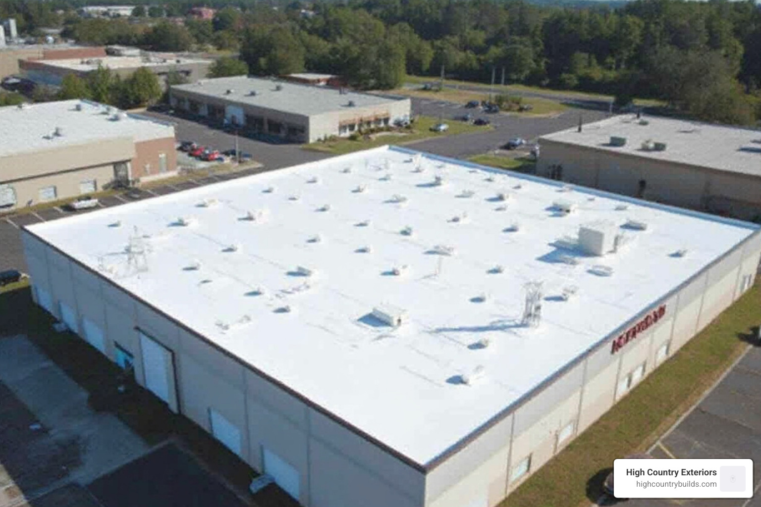 Large white TPO roof on a commercial building - Low slope roofing