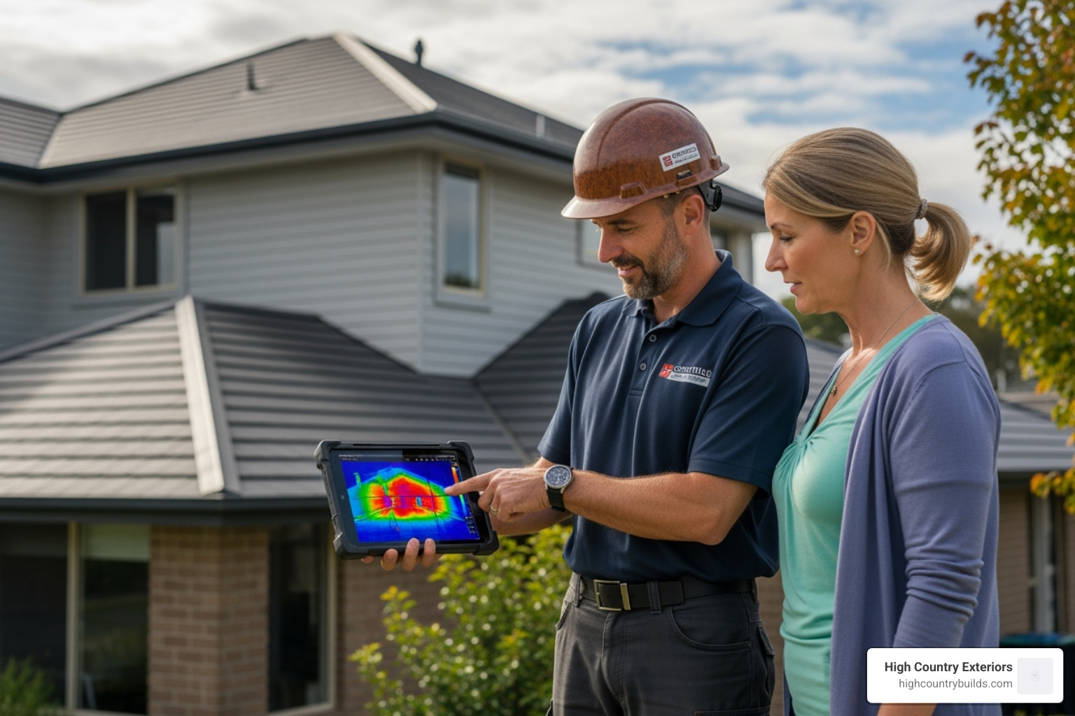 Image of a certified inspector reviewing thermal data on a tablet with a client - thermal roof inspection cost Image of a certified inspector reviewing thermal data on a tablet with a client - thermal roof inspection cost