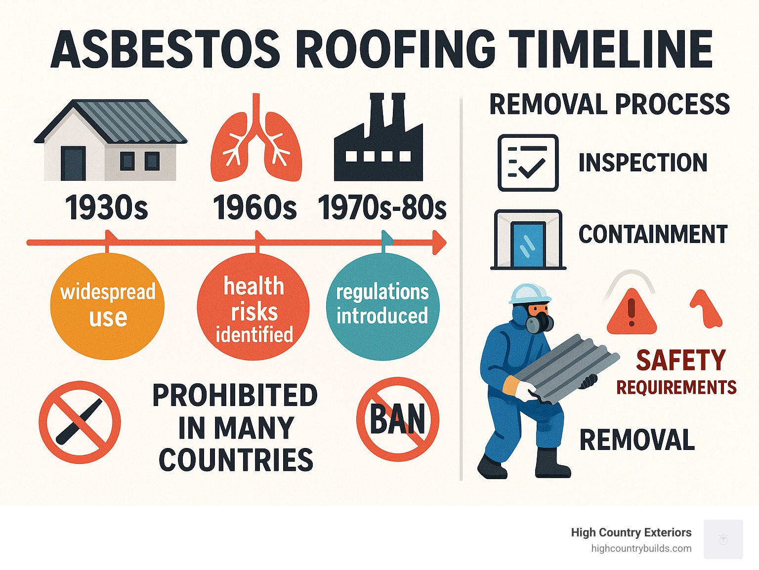 Infographic showing asbestos roofing timeline from 1930s widespread use through 2000 ban, including key health findies and regulatory milestones, plus typical removal process steps and safety requirements - asbestos roof removal and replacement infographic 
