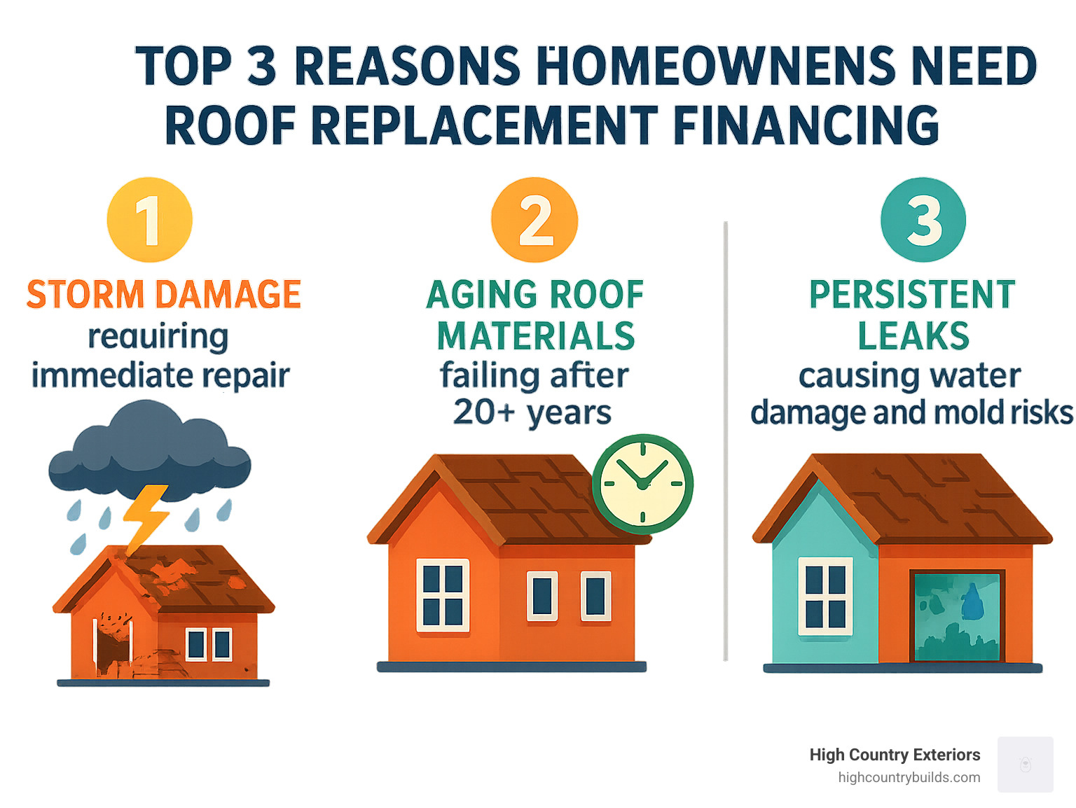 Infographic showing the top 3 reasons homeowners need roof replacement financing: 1) Storm damage requiring immediate repair, 2) Aging roof materials failing after 20+ years, and 3) Persistent leaks causing water damage and mold risks - Financing roof replacement infographic 