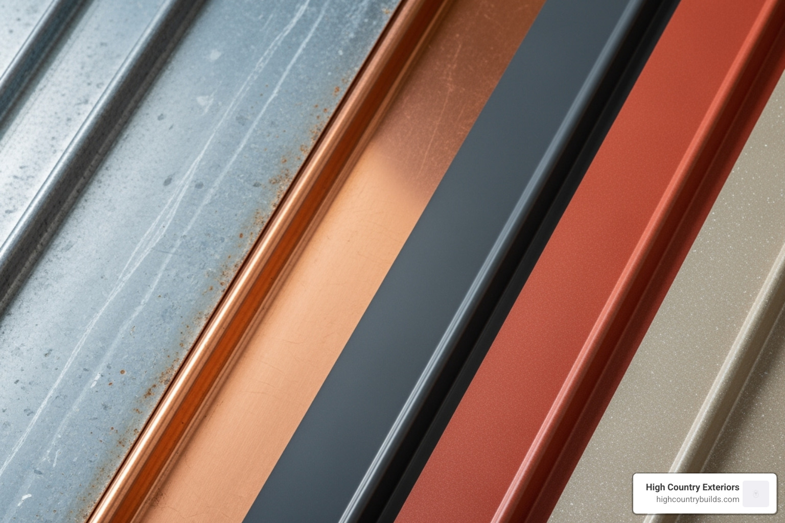 Different metal material finishes like weathered zinc, shiny copper, and various painted steel options - metal roofs for homes