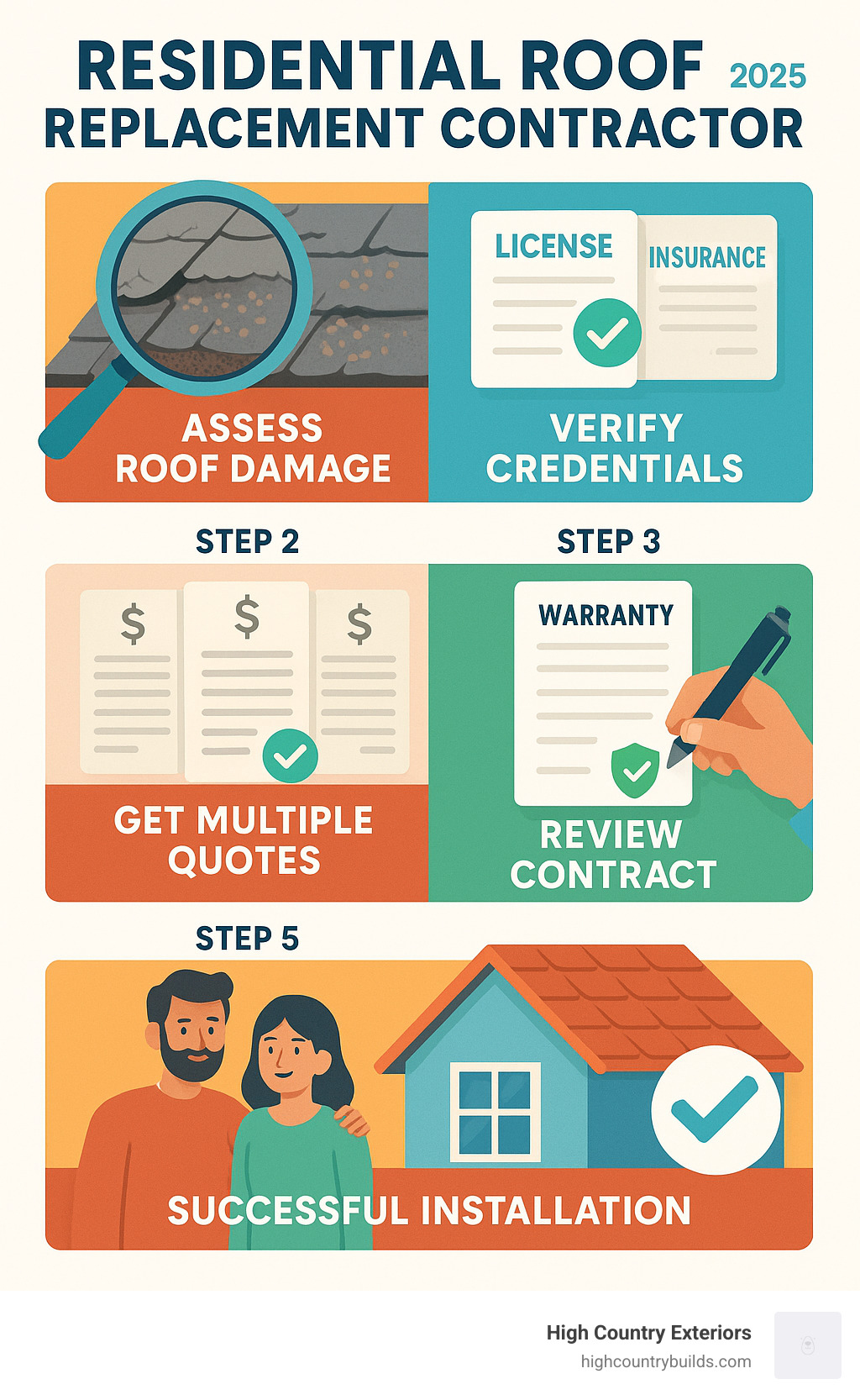 Detailed infographic showing the complete residential roof replacement contractor hiring process: Step 1 shows a magnifying glass over roof damage signs like curling shingles and granule loss, Step 2 displays contractor credentials including license verification and insurance documents, Step 3 illustrates multiple quote comparisons with cost breakdowns, Step 4 shows warranty documentation and contract review, and Step 5 depicts a successful roof installation with satisfied homeowners - residential roof replacement contractor infographic Detailed infographic showing the complete residential roof replacement contractor hiring process: Step 1 shows a magnifying glass over roof damage signs like curling shingles and granule loss, Step 2 displays contractor credentials including license verification and insurance documents, Step 3 illustrates multiple quote comparisons with cost breakdowns, Step 4 shows warranty documentation and contract review, and Step 5 depicts a successful roof installation with satisfied homeowners - residential roof replacement contractor infographic