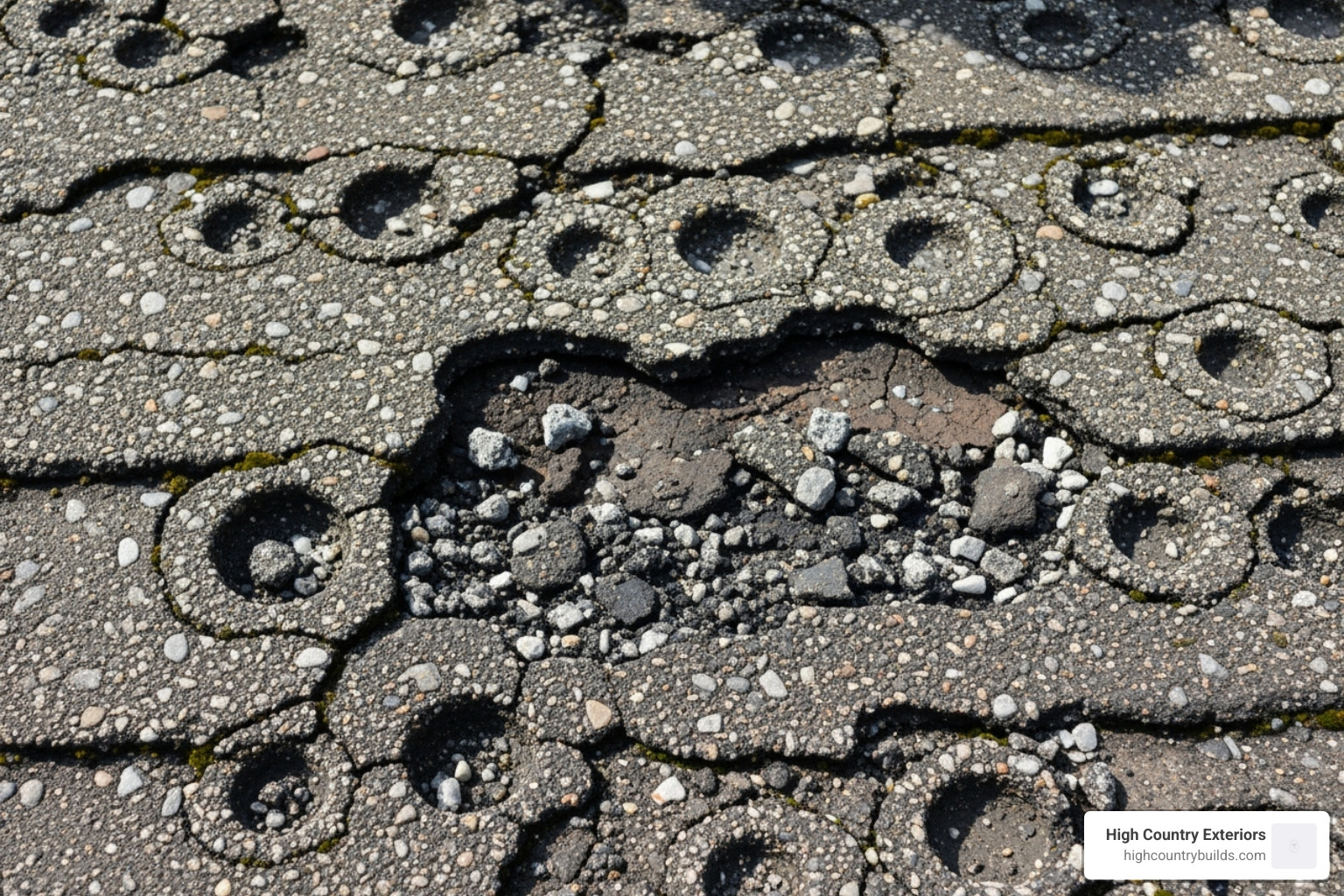 Image showing a close-up of hail-induced spalling on an older BUR surface - hail damage to built up roofing Image showing a close-up of hail-induced spalling on an older BUR surface - hail damage to built up roofing