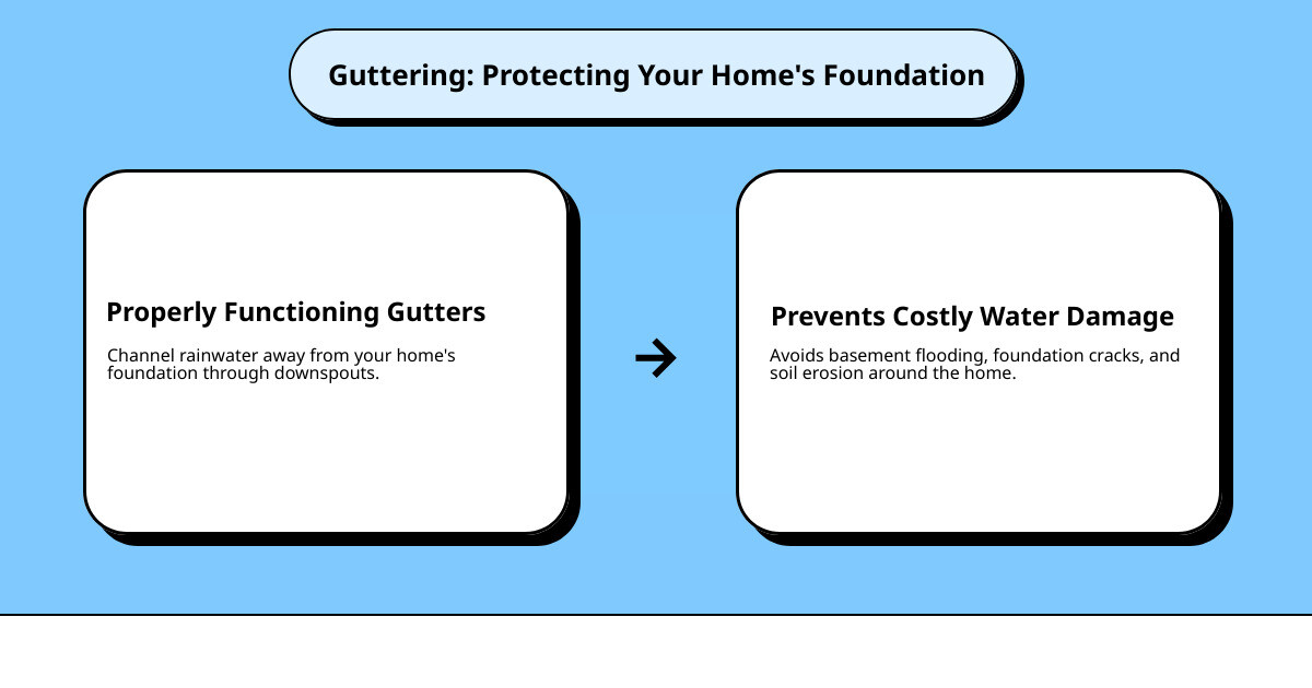 Infographic showing how properly functioning gutters channel rainwater away from foundation through downspouts to prevent basement flooding, foundation cracks, and soil erosion around the home's perimeter - guttering replacement near me infographic cause_effect_text
