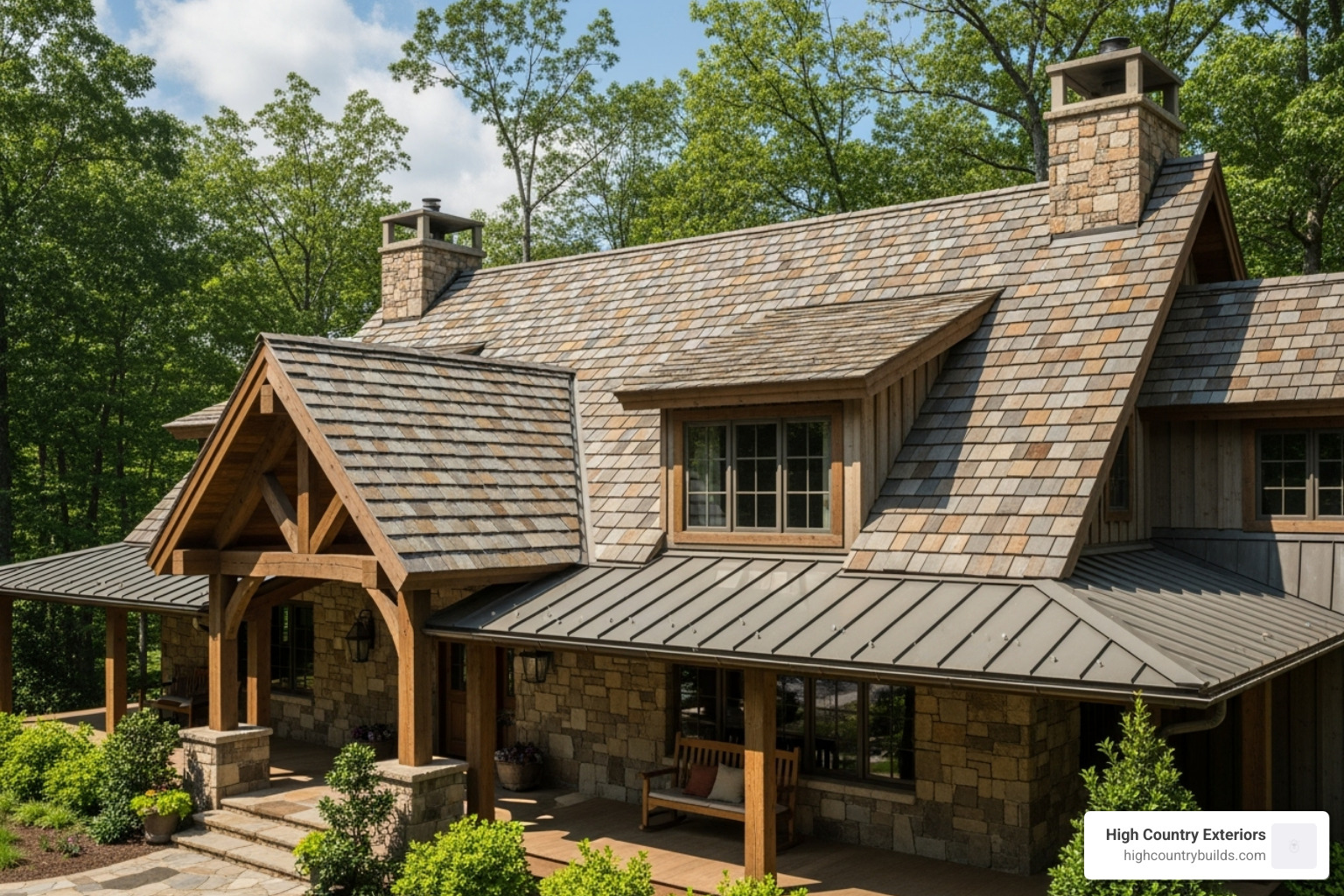 A rustic home with stone-coated metal shingles, blending traditional aesthetics with modern roofing technology - metal roofs for homes