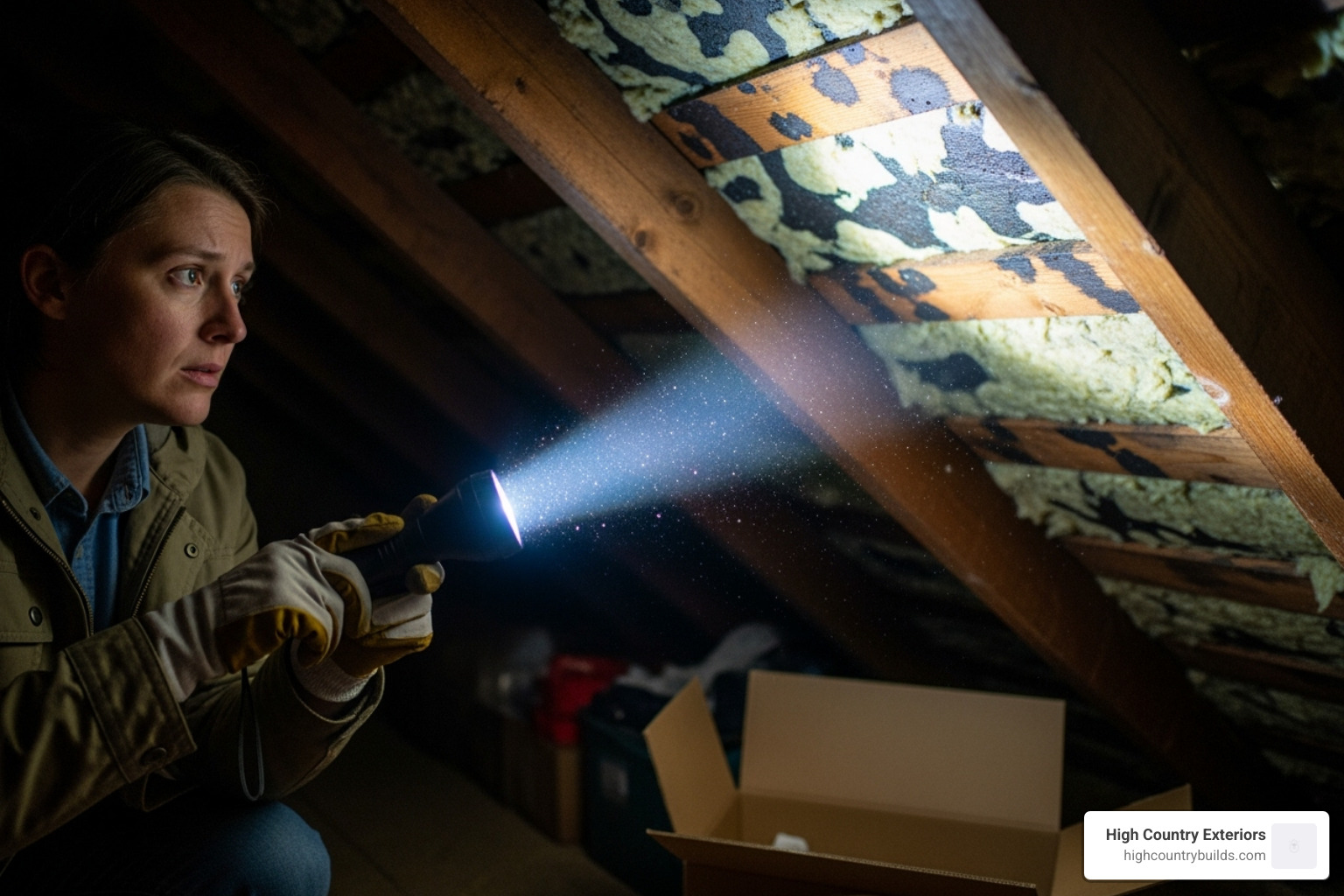 A person inspecting an attic with a flashlight, shining it on water stains on the wooden rafters and insulation - Residential roof leak