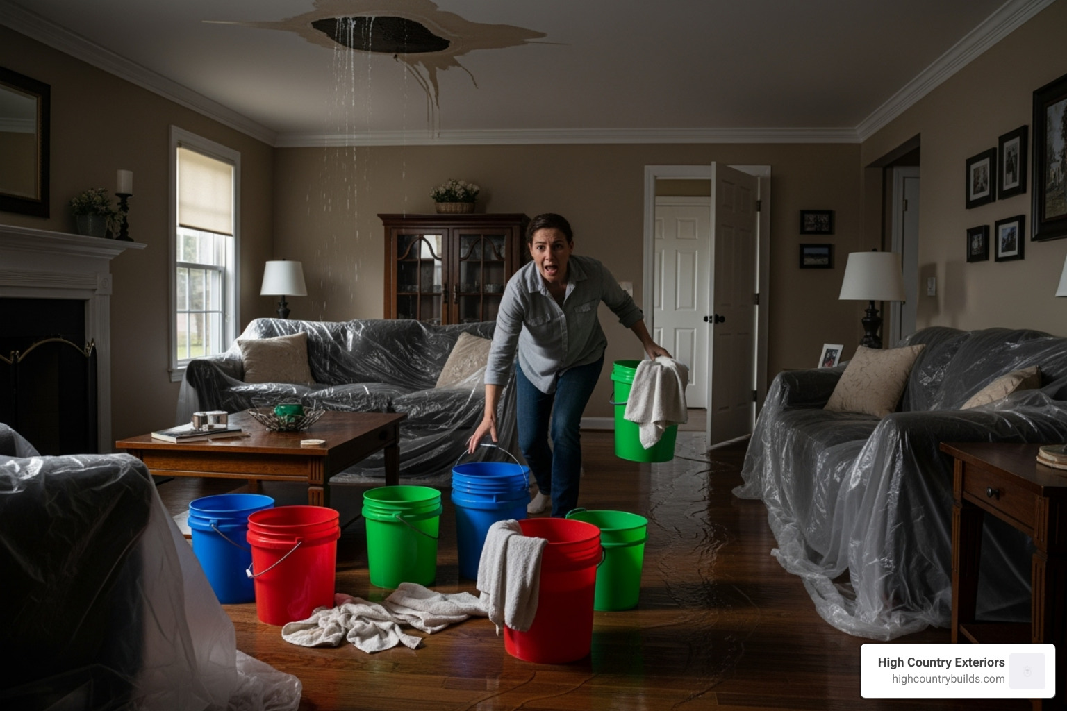 A homeowner quickly places buckets and towels to catch water dripping from the ceiling, while furniture is covered with plastic sheeting to protect it from the leak - Residential roof leak