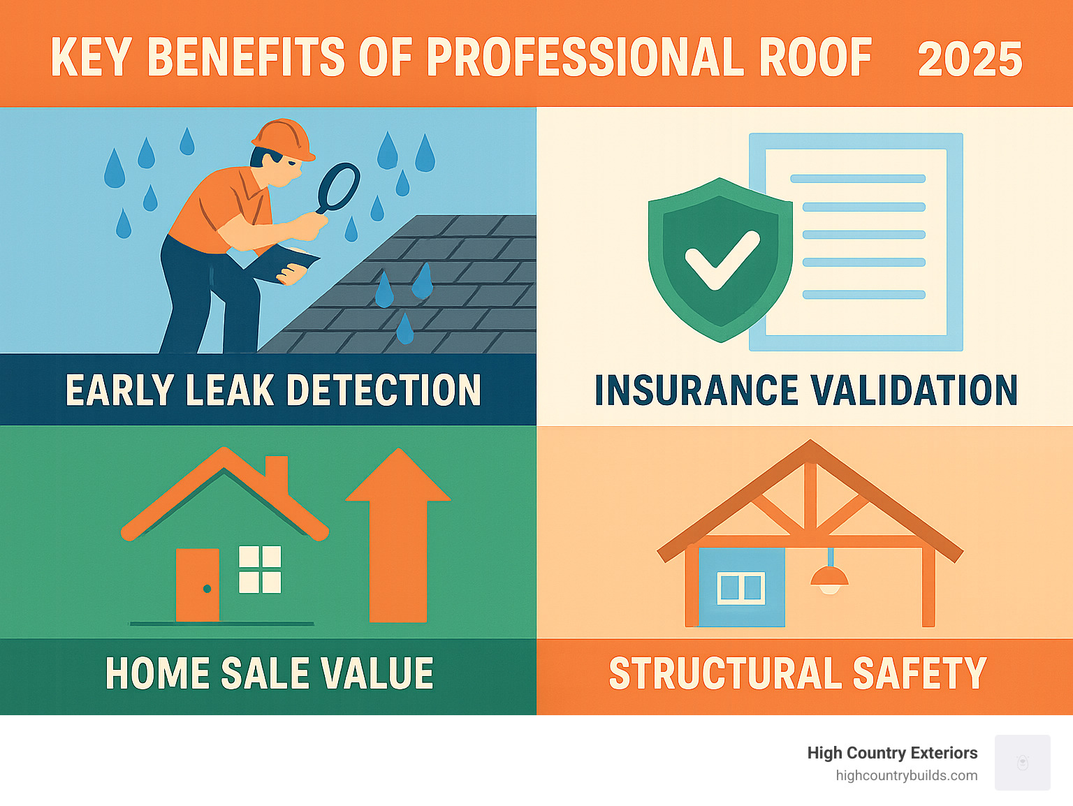 Infographic showing key benefits of professional roof inspection: early leak detection through comprehensive exterior and interior assessment, insurance validation, home sale value, and structural safety - roof inspector near me infographic 