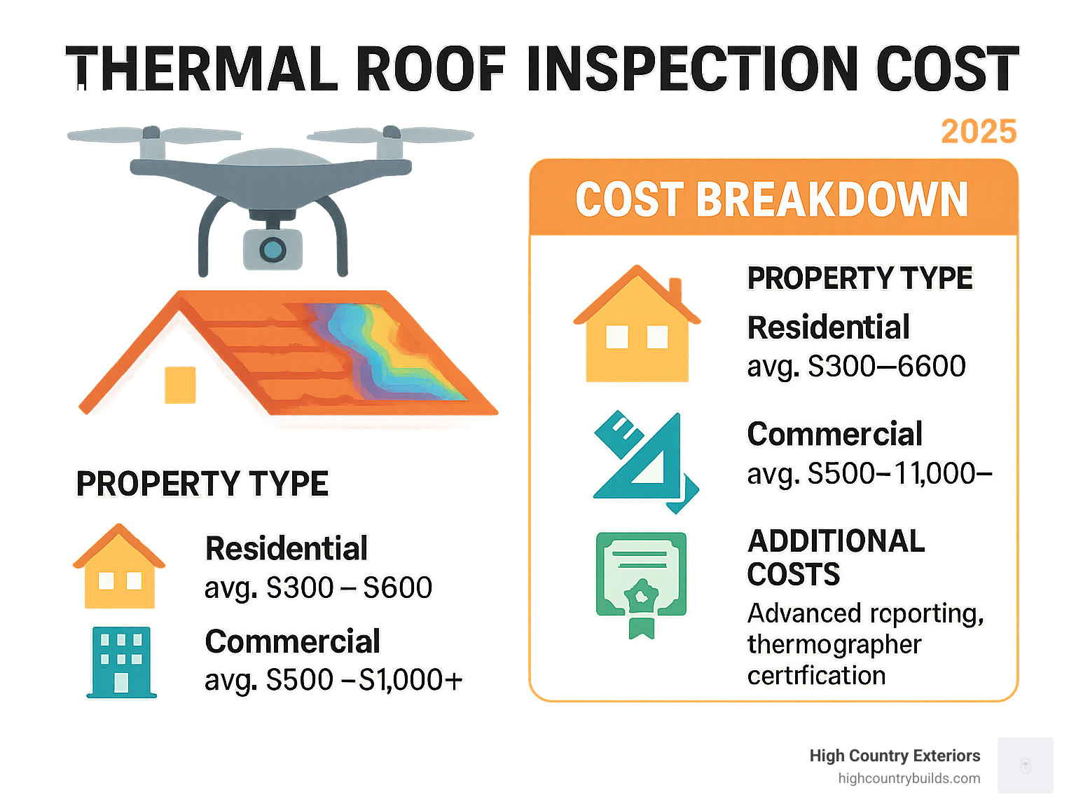 Infographic showing thermal roof inspection cost breakdown by property type, size, and complexity factors, with average price ranges for residential ($300-$600) and commercial ($500-$1000+) properties, plus additional costs for advanced reporting and thermographer certification levels - thermal roof inspection cost infographic Infographic showing thermal roof inspection cost breakdown by property type, size, and complexity factors, with average price ranges for residential ($300-$600) and commercial ($500-$1000+) properties, plus additional costs for advanced reporting and thermographer certification levels - thermal roof inspection cost infographic