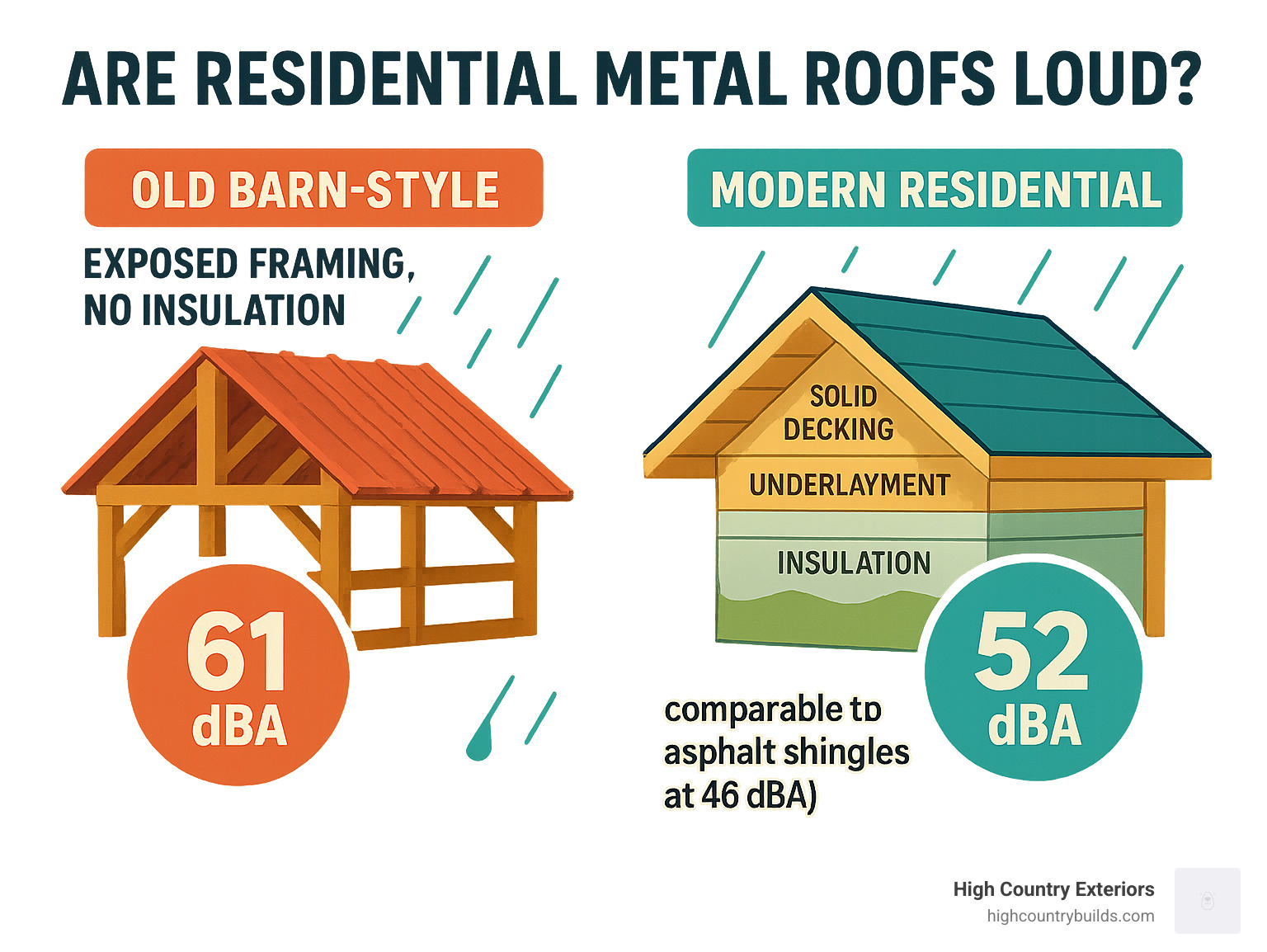 Infographic comparing old barn-style metal roof installation with exposed framing and no insulation (showing 61 dBA noise level) versus modern residential metal roof installation with solid decking, underlayment, and insulation (showing 52 dBA noise level, comparable to asphalt shingles at 46 dBA) - are residential metal roofs loud infographic 