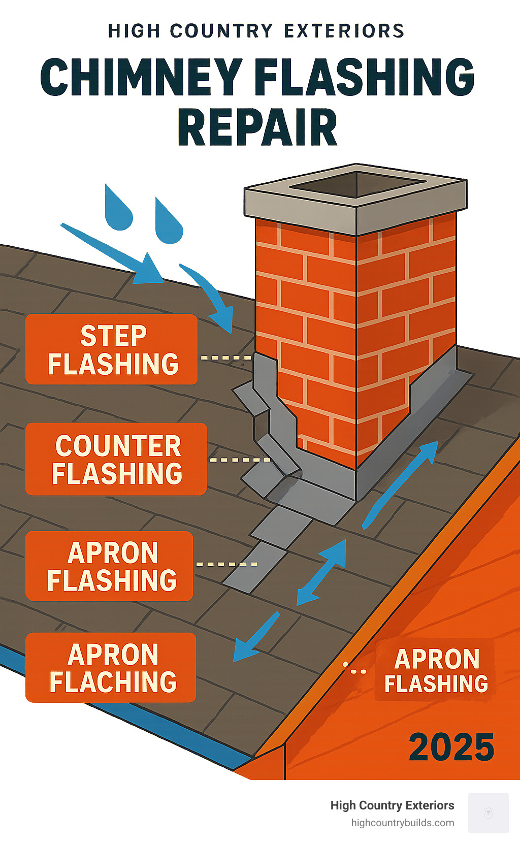 Detailed infographic showing chimney flashing components including step flashing along chimney sides, counter flashing embedded in mortar joints, apron flashing at front and back, and water flow direction arrows demonstrating how each component works together to direct water away from the chimney-roof junction - Chimney flashing repair infographic Detailed infographic showing chimney flashing components including step flashing along chimney sides, counter flashing embedded in mortar joints, apron flashing at front and back, and water flow direction arrows demonstrating how each component works together to direct water away from the chimney-roof junction - Chimney flashing repair infographic