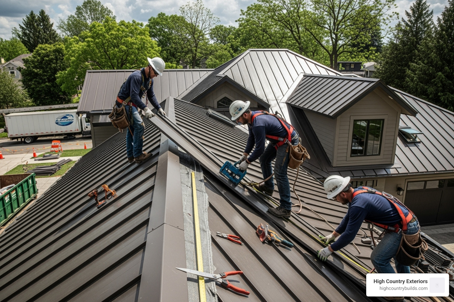 A professional crew installing a standing seam metal roof on a residential home - metal roofs for homes