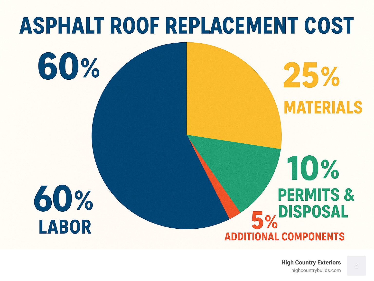 Detailed breakdown showing 60% labor costs, 25% materials, 10% permits and disposal, and 5% additional components for asphalt roof replacement cost structure - asphalt roof replacement cost infographic 