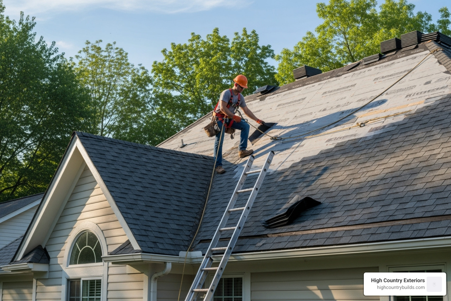 A professional roofer wearing safety gear is securely working on a residential roof, demonstrating safe practices - Residential roof leak