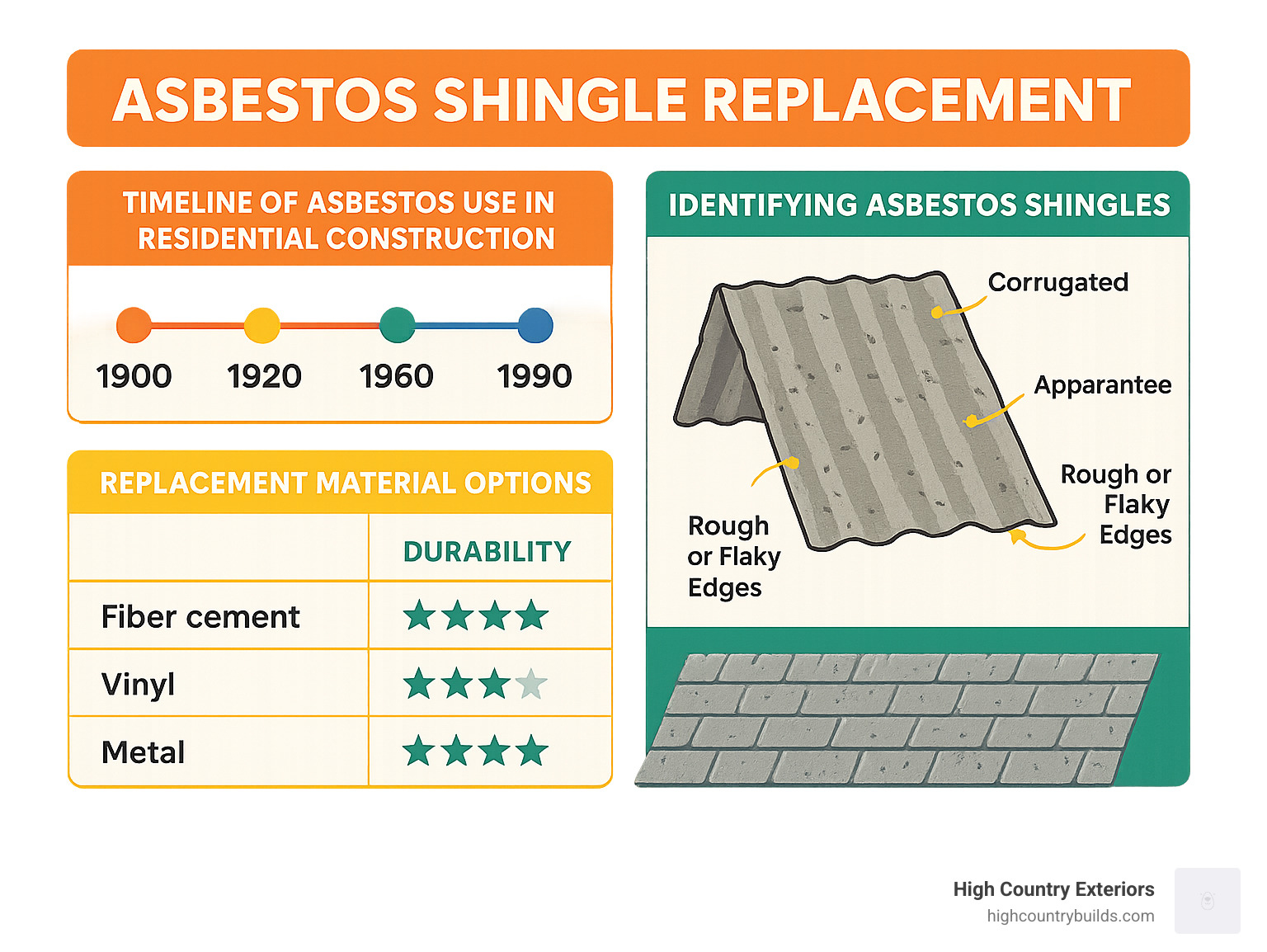 Detailed infographic showing timeline of asbestos use in residential construction from 1900-1990, visual identification guide for asbestos shingles including texture and appearance characteristics, and comparison chart of replacement material options with durability ratings - asbestos shingle replacement infographic Detailed infographic showing timeline of asbestos use in residential construction from 1900-1990, visual identification guide for asbestos shingles including texture and appearance characteristics, and comparison chart of replacement material options with durability ratings - asbestos shingle replacement infographic