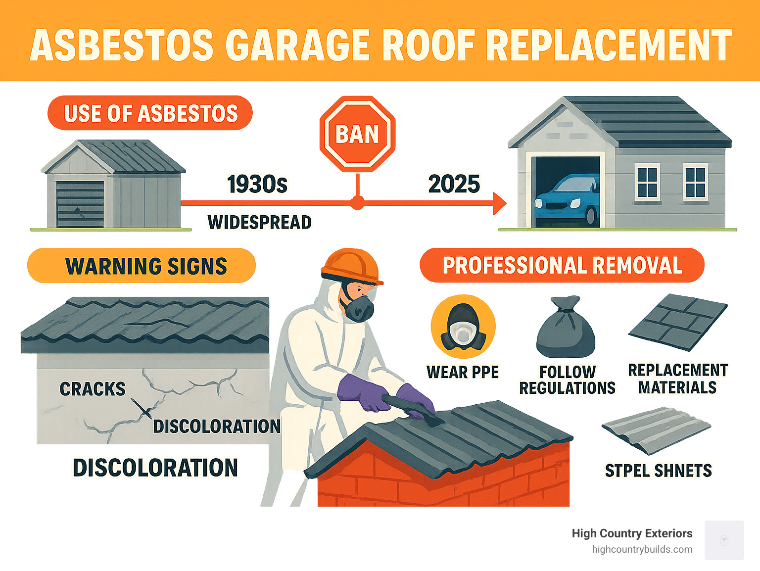Comprehensive infographic showing asbestos garage roof replacement timeline from 1930s widespread use through 1999 ban to modern safe removal process, including key warning signs like cracks and discoloration, professional removal steps with PPE equipment, disposal regulations, and modern replacement material options like steel and asphalt shingles - asbestos garage roof replacement infographic 