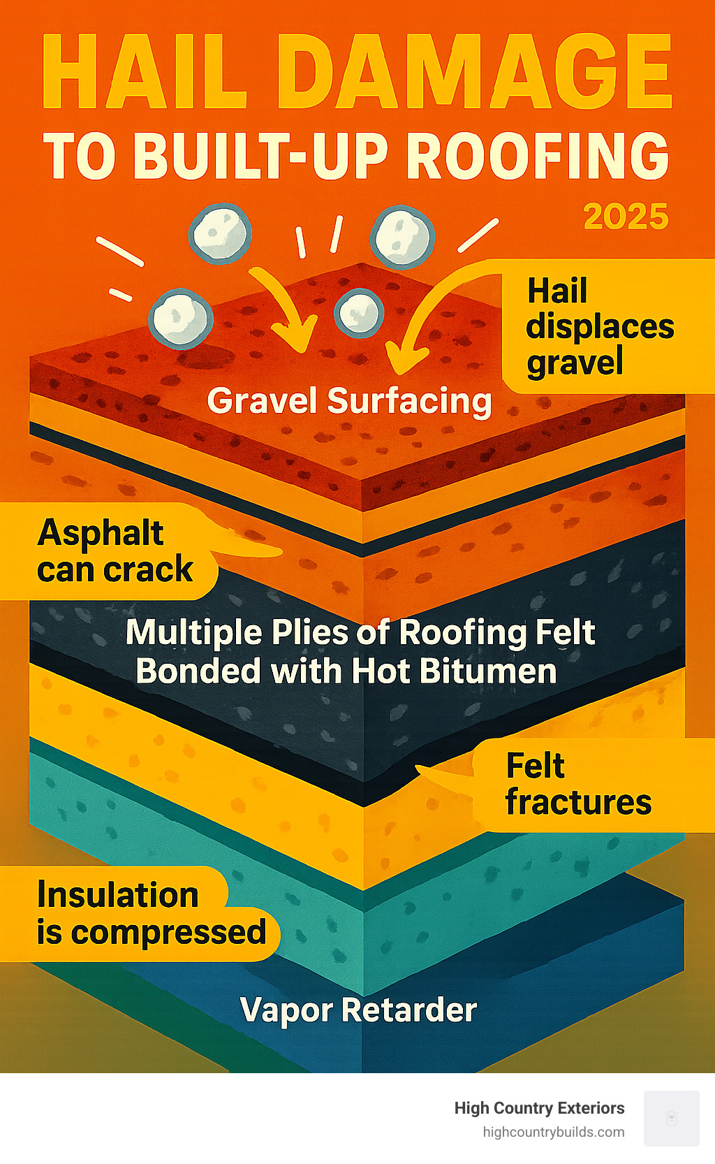Infographic showing the layers of a typical built-up roofing system including roof deck at the bottom, vapor retarder, insulation layer, multiple plies of roofing felt bonded with hot bitumen, asphalt flood coat, and gravel surfacing on top, with labels indicating how hail impacts each layer - hail damage to built up roofing infographic Infographic showing the layers of a typical built-up roofing system including roof deck at the bottom, vapor retarder, insulation layer, multiple plies of roofing felt bonded with hot bitumen, asphalt flood coat, and gravel surfacing on top, with labels indicating how hail impacts each layer - hail damage to built up roofing infographic