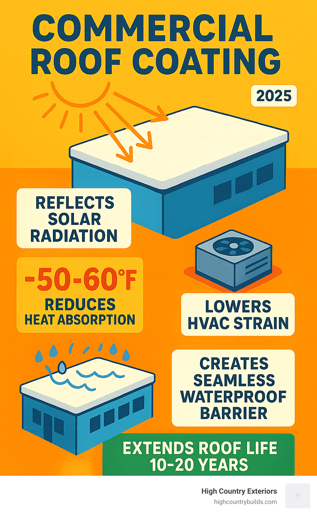Infographic showing how commercial roof coatings reflect solar radiation, reduce heat absorption by 50-60°F, lower HVAC strain, and create seamless waterproof barriers that extend roof life by 10-20 years - Commercial roof coating infographic Infographic showing how commercial roof coatings reflect solar radiation, reduce heat absorption by 50-60°F, lower HVAC strain, and create seamless waterproof barriers that extend roof life by 10-20 years - Commercial roof coating infographic