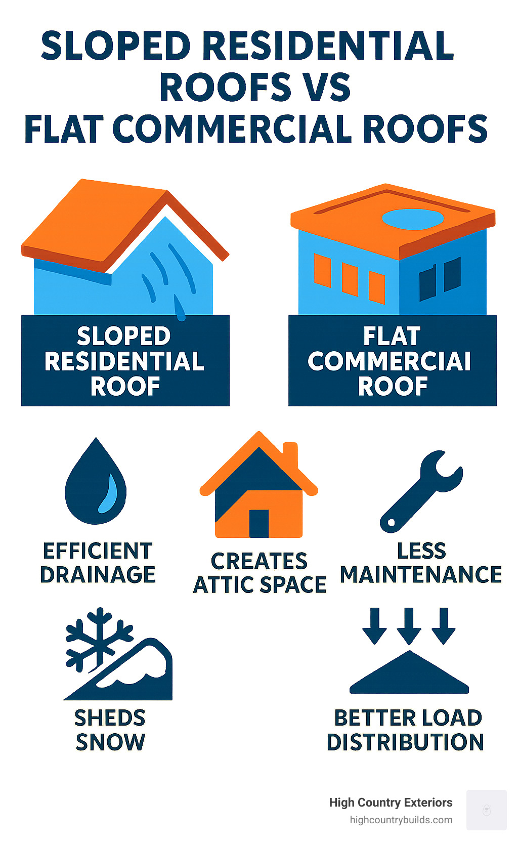 Infographic showing the key differences between sloped residential roofs and flat commercial roofs, including water drainage efficiency, snow shedding capability, attic space creation, maintenance requirements, and structural load distribution - why do residential homes have sloped roofs infographic 