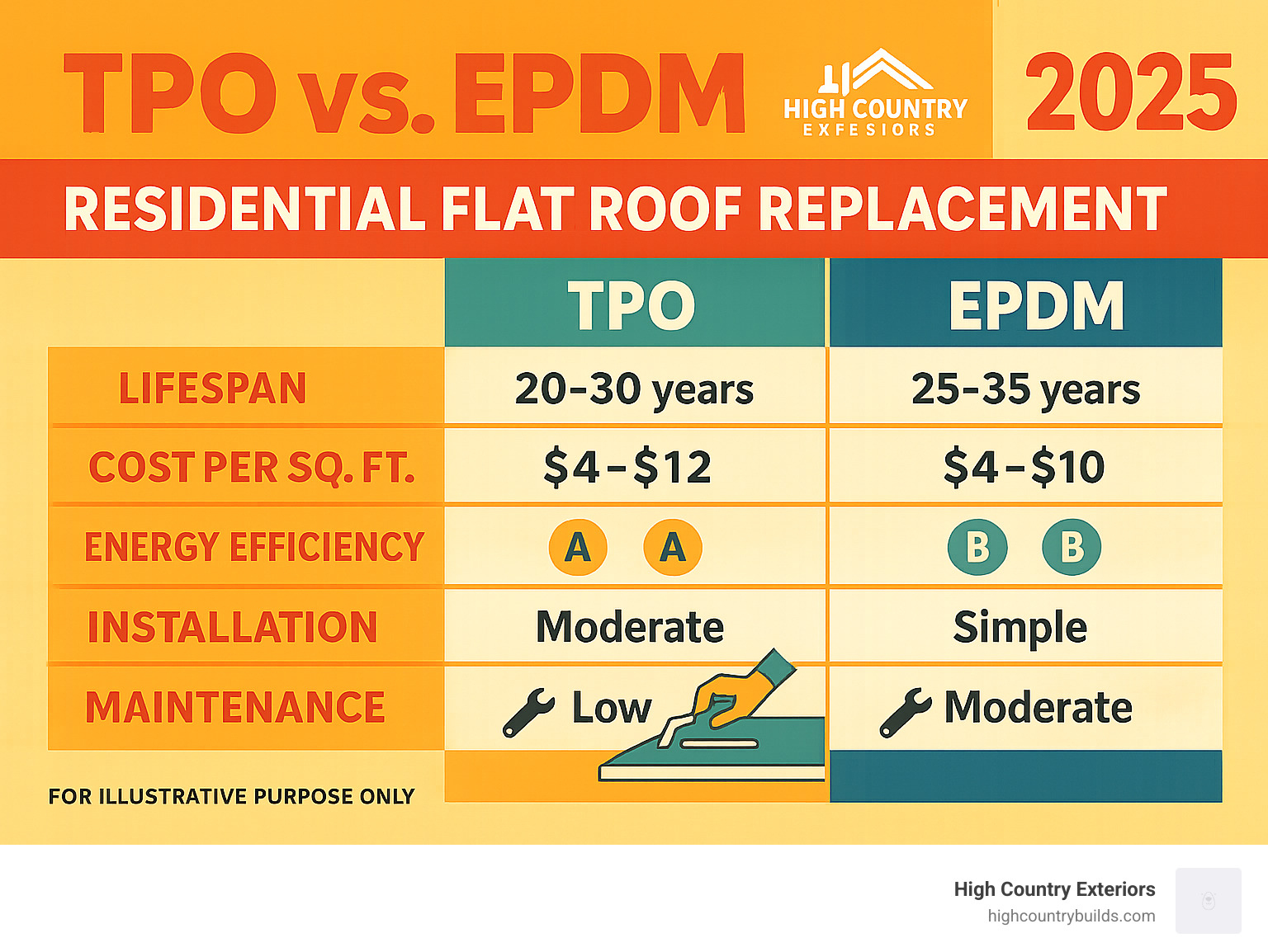 Comprehensive comparison chart showing TPO vs EPDM flat roofing materials with lifespan, cost per square foot, energy efficiency ratings, installation requirements, and maintenance needs for residential applications - residential flat roof replacement infographic Comprehensive comparison chart showing TPO vs EPDM flat roofing materials with lifespan, cost per square foot, energy efficiency ratings, installation requirements, and maintenance needs for residential applications - residential flat roof replacement infographic