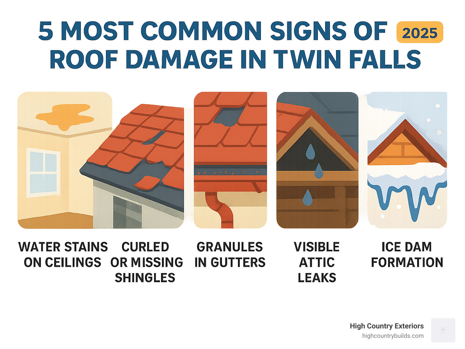 Infographic showing the 5 most common signs of roof damage in Twin Falls: water stains on ceilings, curled or missing shingles, granules in gutters, visible attic leaks, and ice dam formation during winter months - roof repair twin falls idaho infographic 