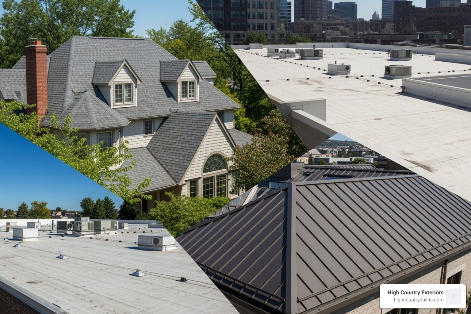 A collage showcasing various completed roofing projects in Twin Falls, including residential asphalt shingle roofs, commercial flat roofs, and metal roofs, highlighting the diversity of services offered - roofing contractors twin falls