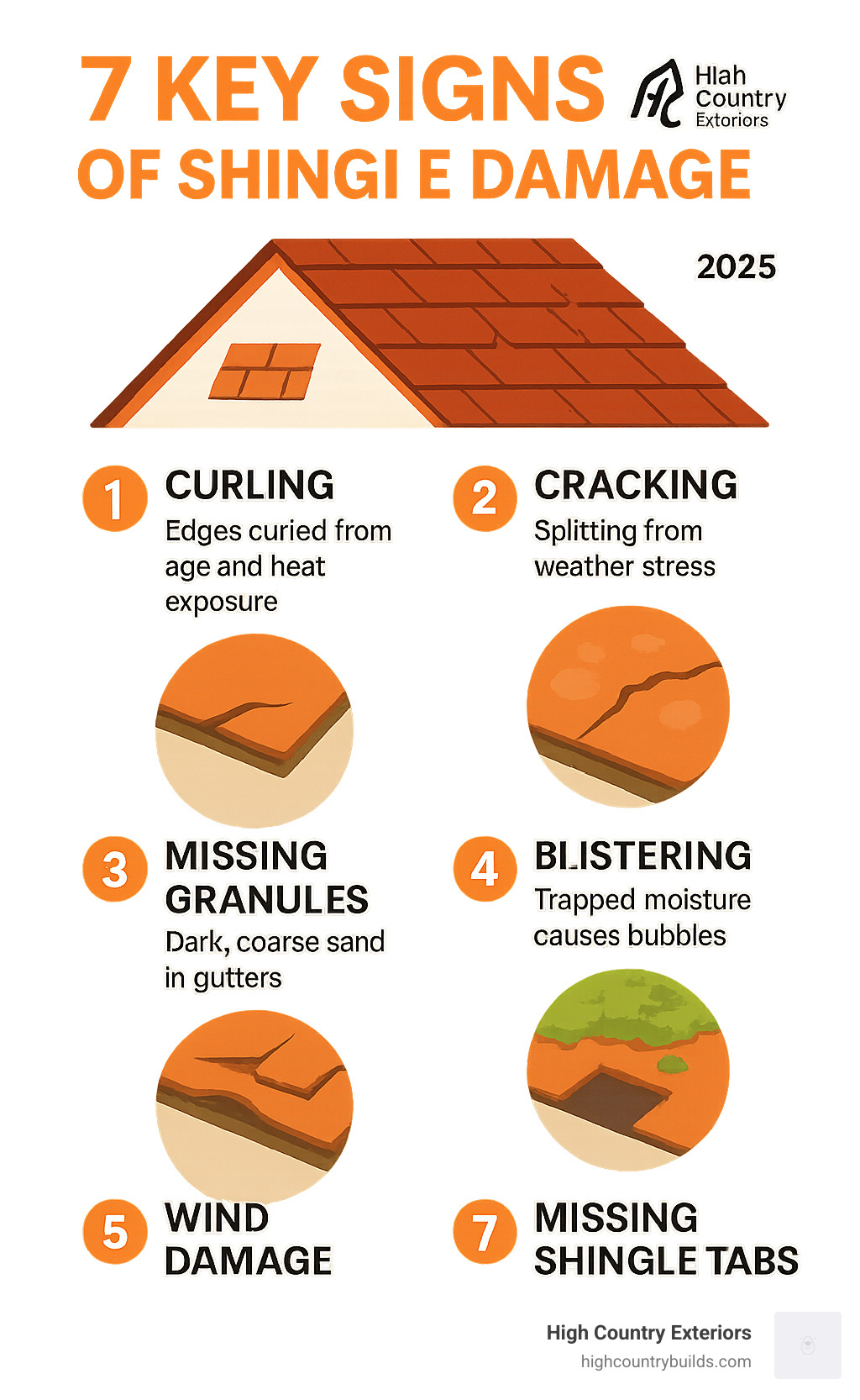Infographic showing the 7 key signs of shingle damage: curling edges from age and heat exposure, cracking or splitting from weather stress, missing granules appearing as dark coarse sand in gutters, blistering from trapped moisture, wind damage with lifted or torn sections, moss growth trapping moisture against the surface, and missing shingle tabs leaving exposed areas vulnerable to water infiltration - Damaged shingle replacement infographic 