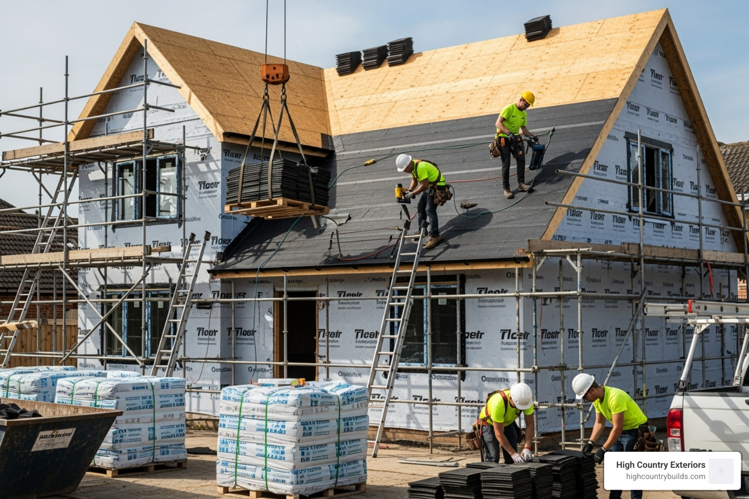 A clean and organized roofing worksite, with materials neatly stacked, safety barriers in place, and workers wearing appropriate gear, demonstrating professionalism and efficiency - roofing contractors twin falls