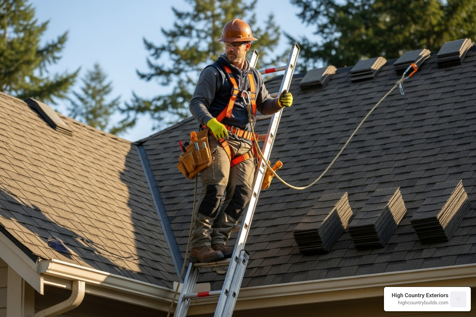 professional roofer safely working on a ladder near the roofline - house soffit replacement professional roofer safely working on a ladder near the roofline - house soffit replacement