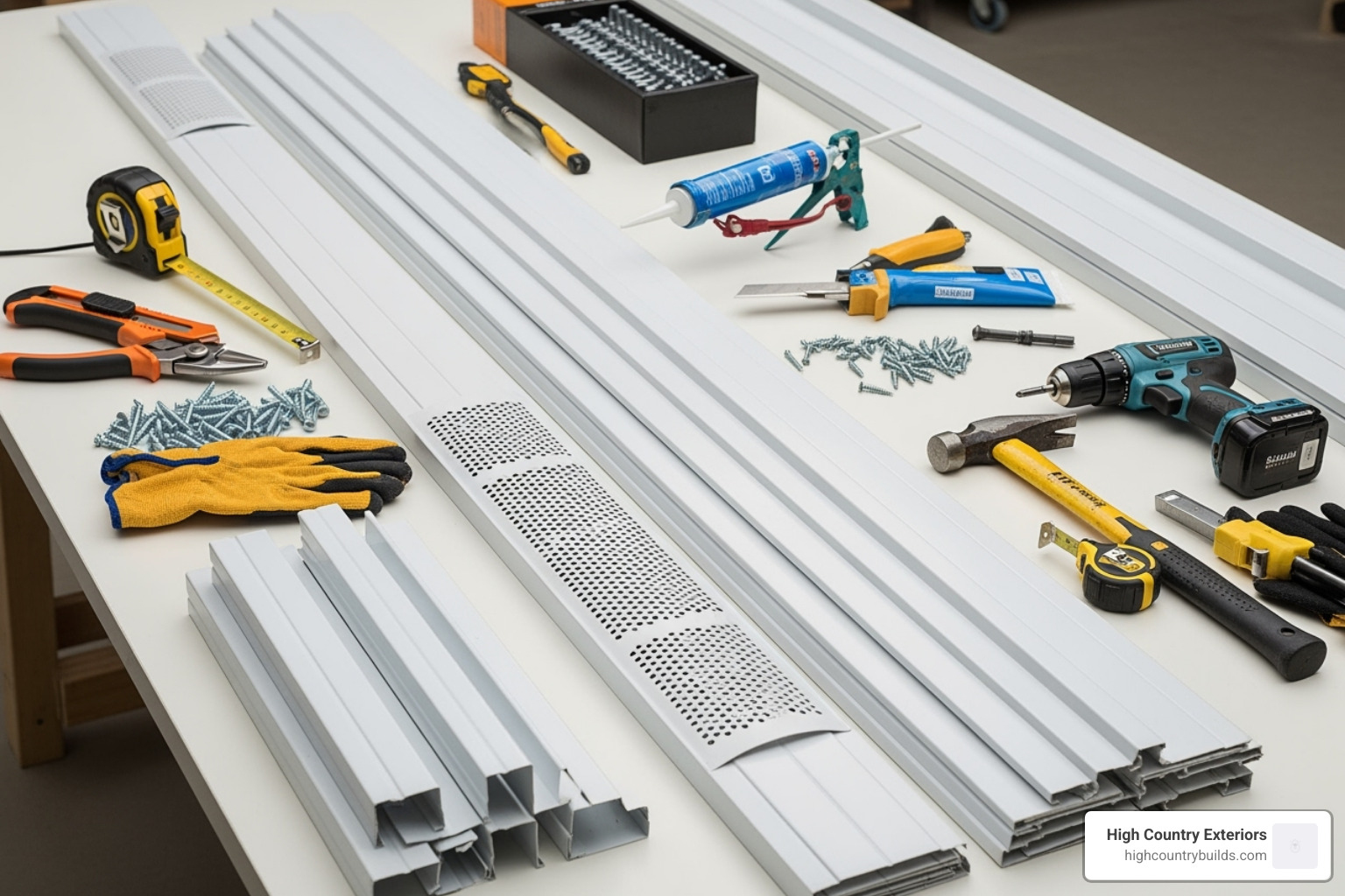 tools and materials laid out for a soffit replacement project - house soffit replacement tools and materials laid out for a soffit replacement project - house soffit replacement