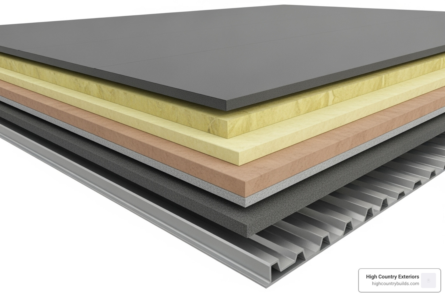 Cross-section of a multi-layer roofing system - flat roof systems for commercial buildings