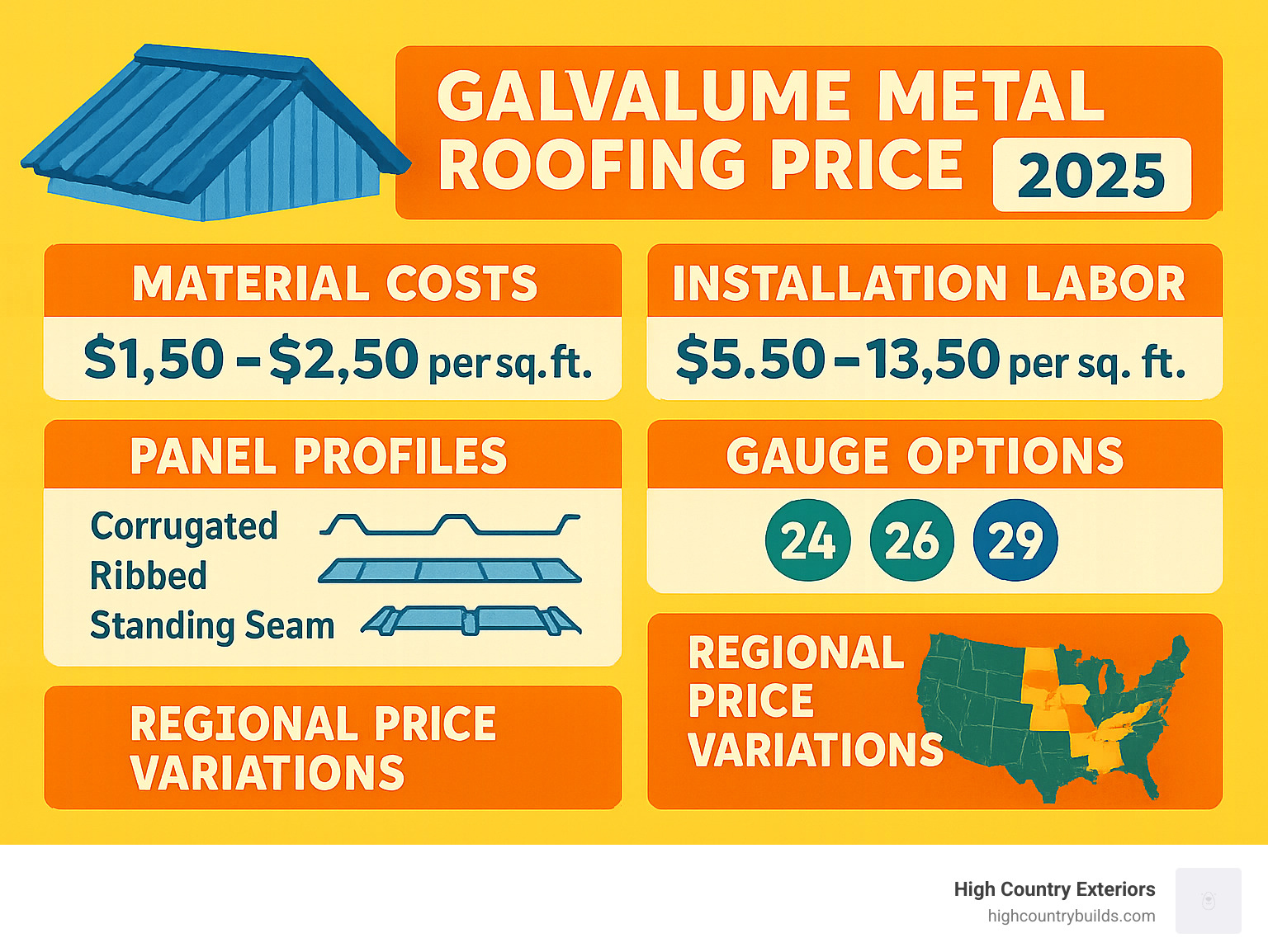 Detailed breakdown of galvalume metal roofing pricing factors including material costs, installation labor, panel profiles, gauge options, and regional price variations with cost ranges for each component - galvalume metal roofing price infographic 