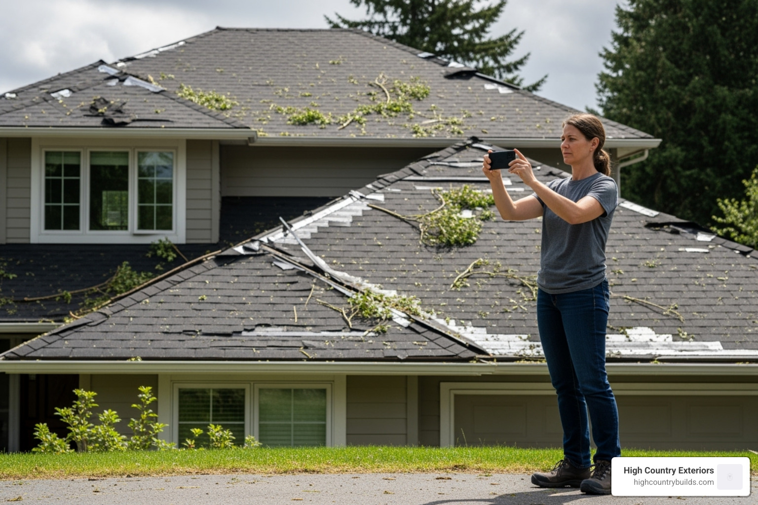 A homeowner safely taking photos of roof damage from the ground, illustrating the importance of documenting damage without risking personal safety. - storm damage roof repair idaho falls
